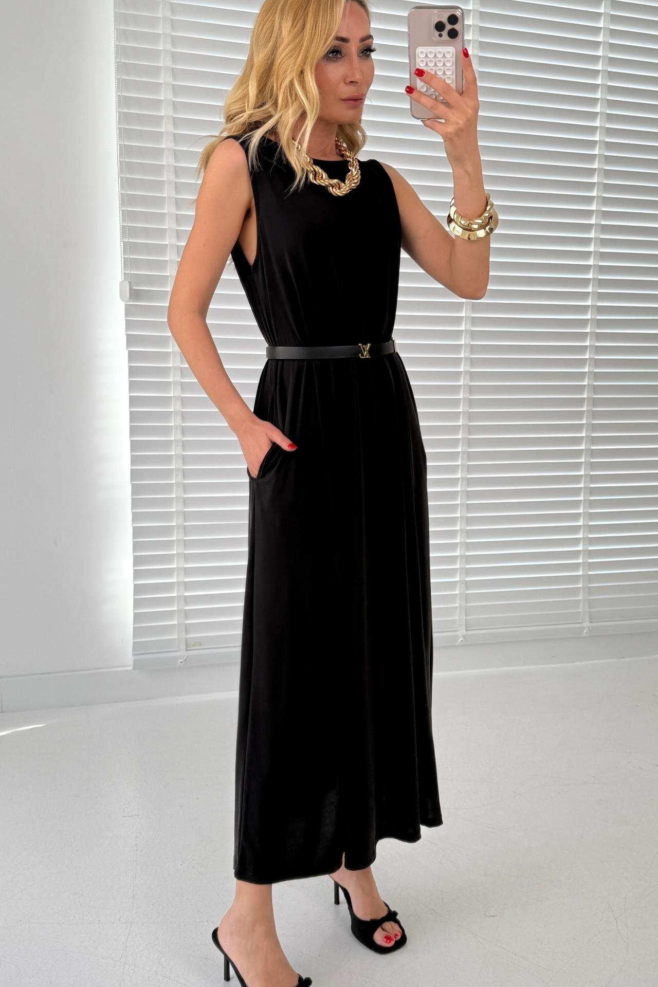 Kalın Askı Cepli Siyah Örme Kloş Elbise ELBİSE | NO33