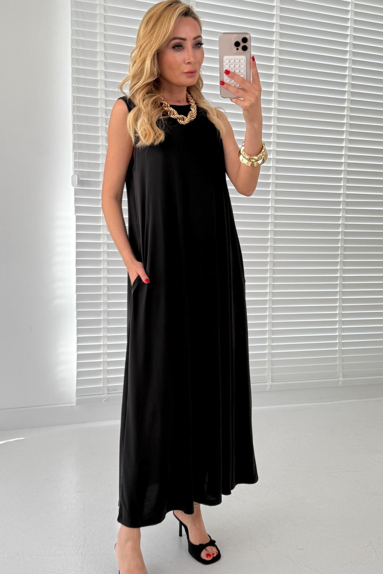 Kalın Askı Cepli Siyah Örme Kloş Elbise ELBİSE | NO33