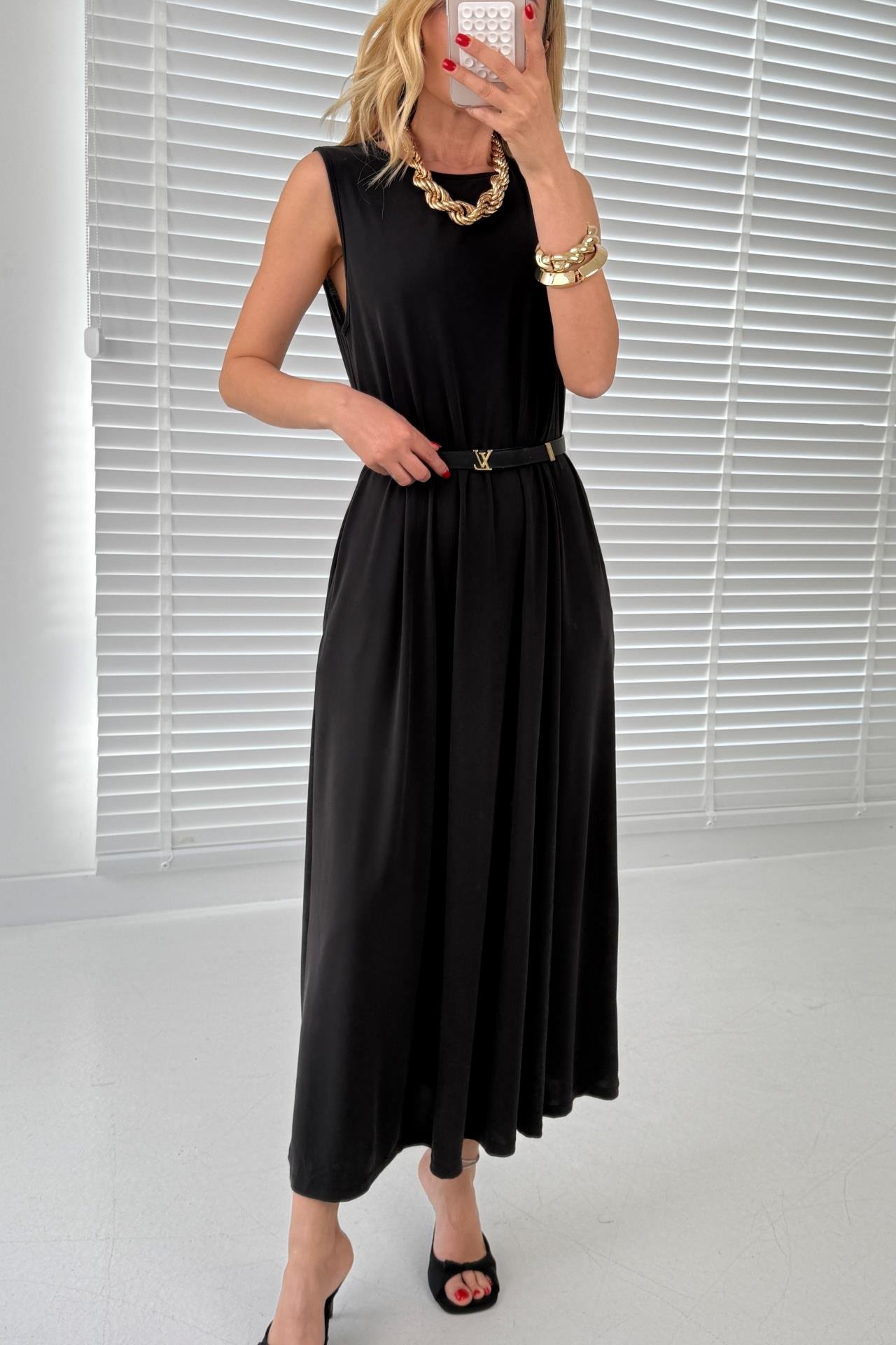 Kalın Askı Cepli Siyah Örme Kloş Elbise ELBİSE | NO33