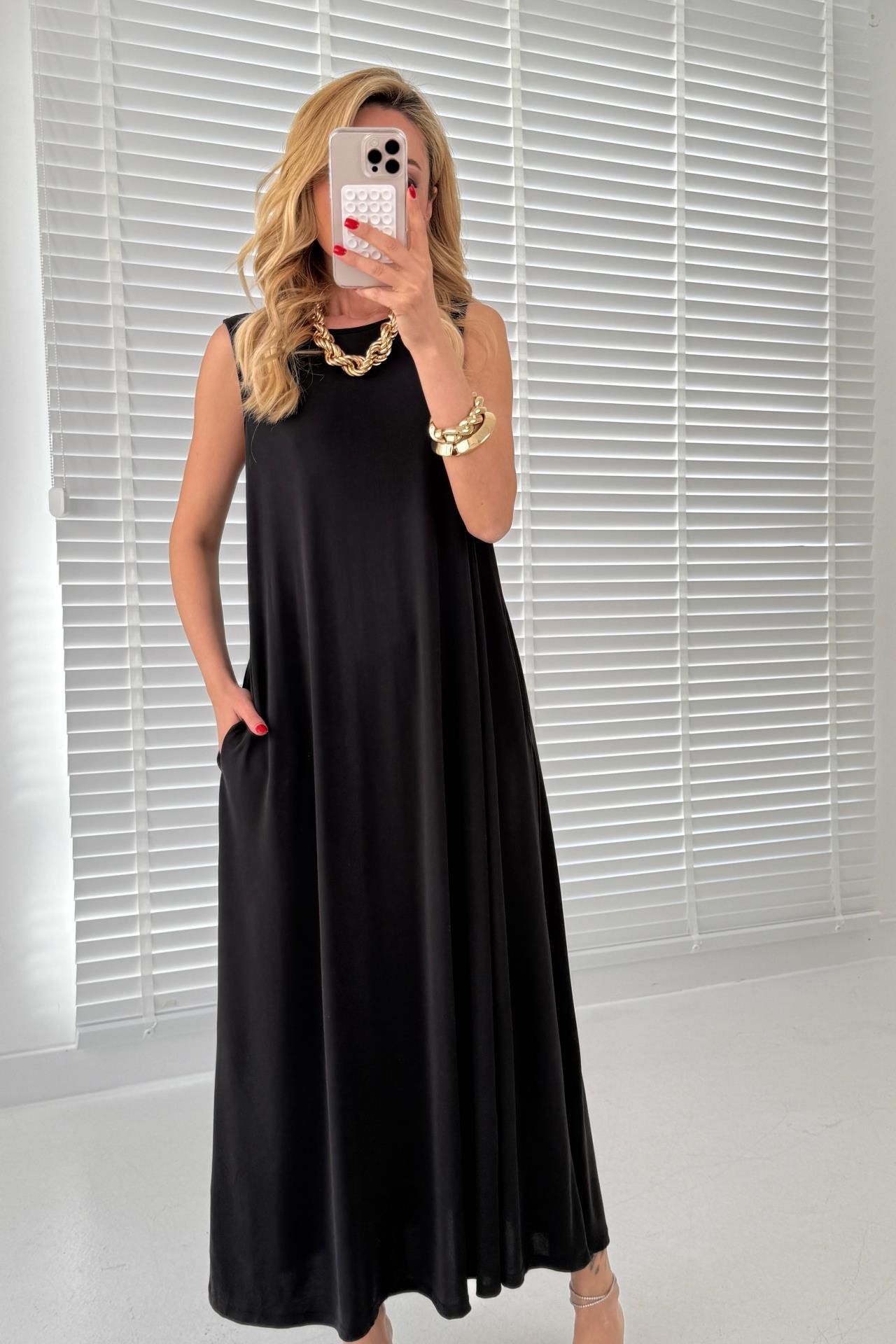 Kalın Askı Cepli Siyah Örme Kloş Elbise ELBİSE | NO33