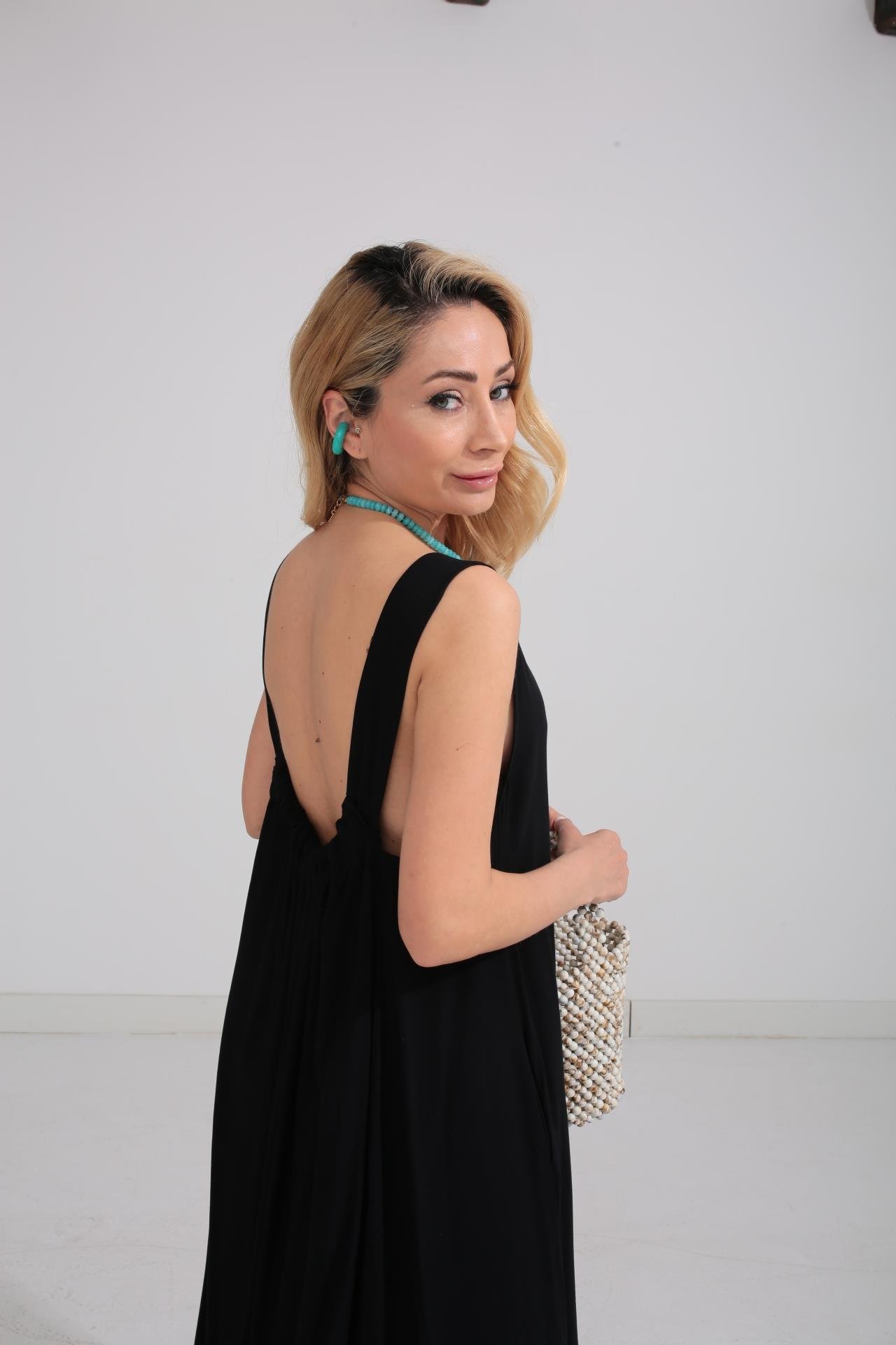 Kalın Askı Sırt Detaylı Siyah Uzun Elbise ELBİSE | NO33