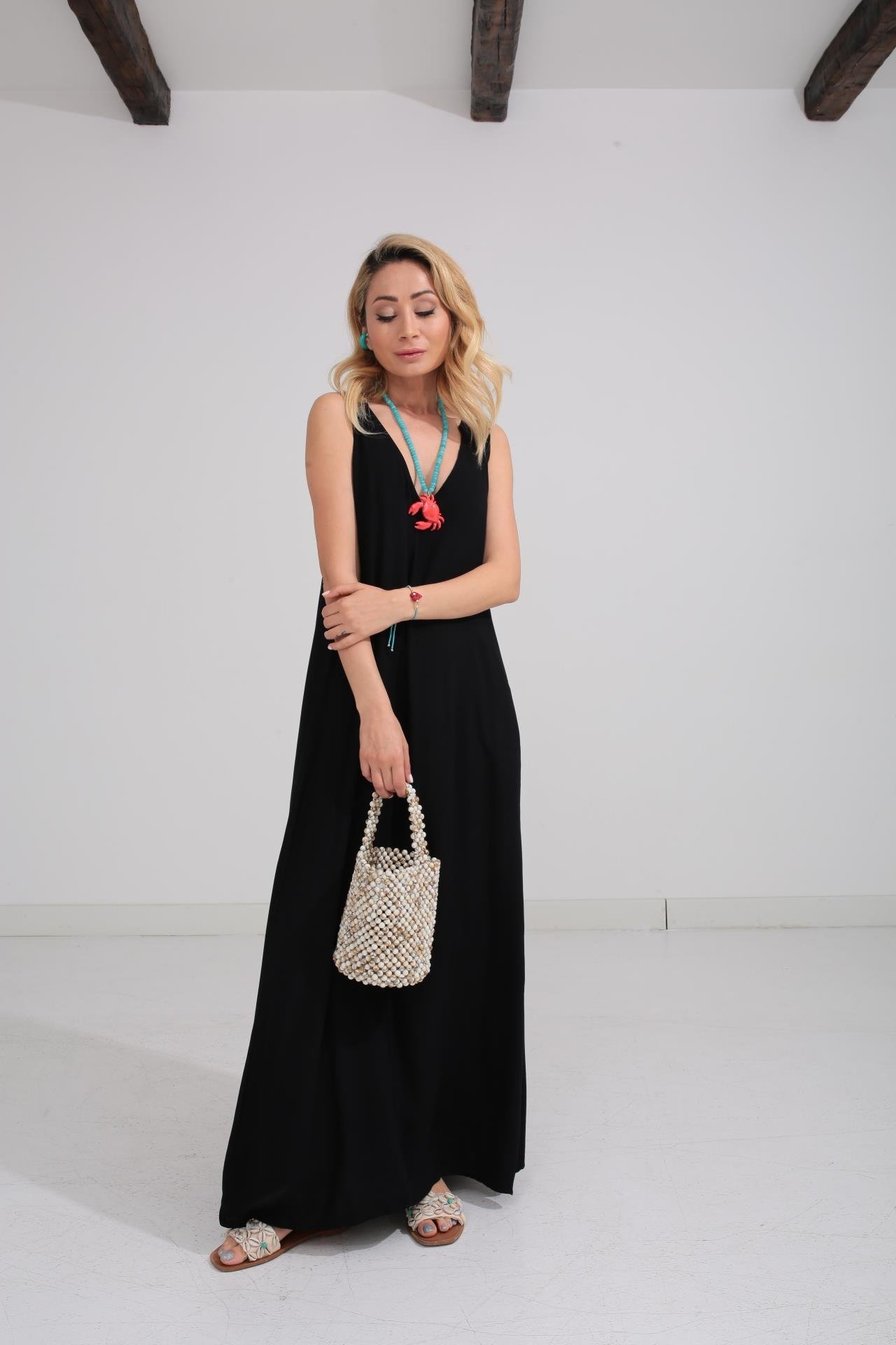 Kalın Askı Sırt Detaylı Siyah Uzun Elbise ELBİSE | NO33