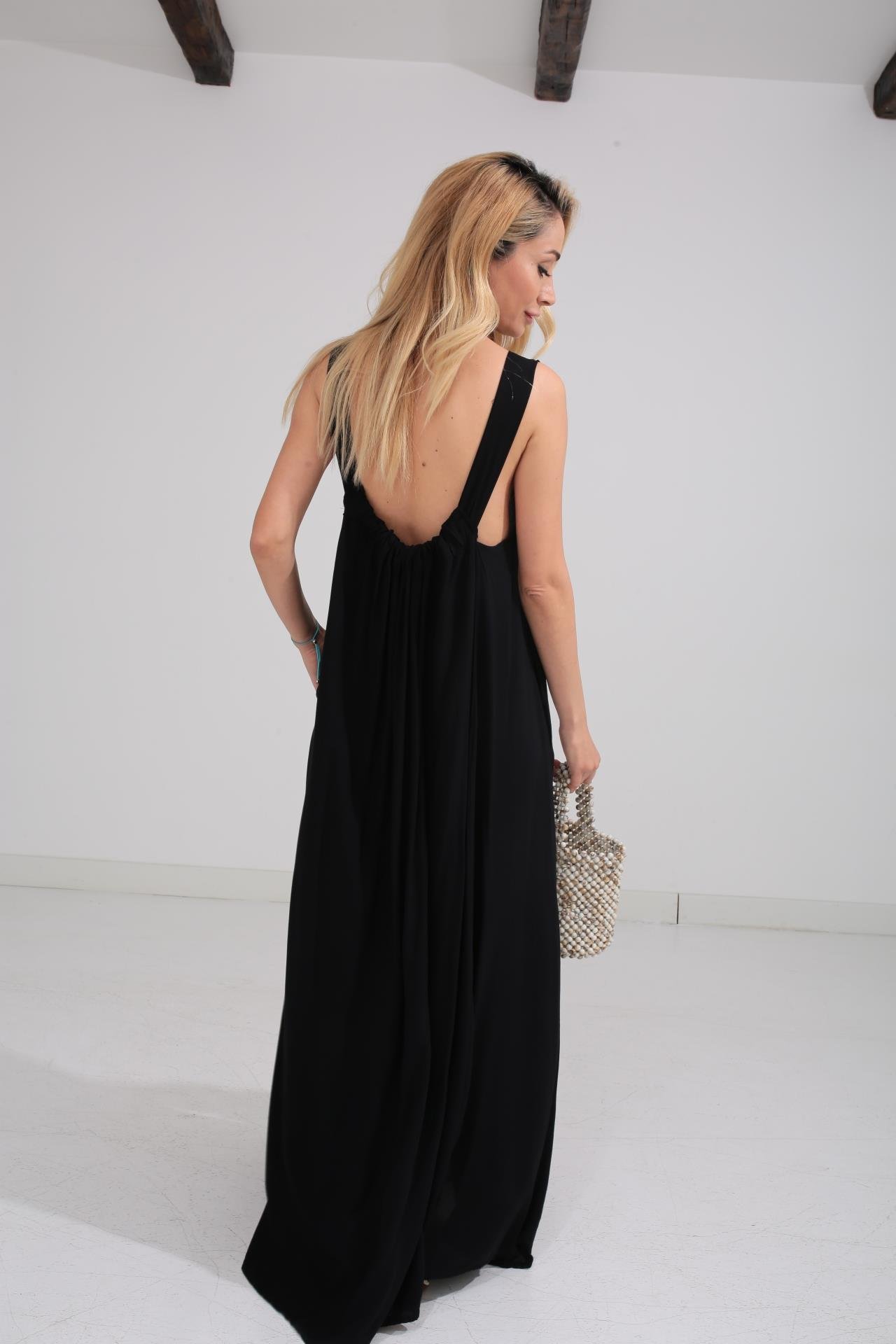 Kalın Askı Sırt Detaylı Siyah Uzun Elbise ELBİSE | NO33