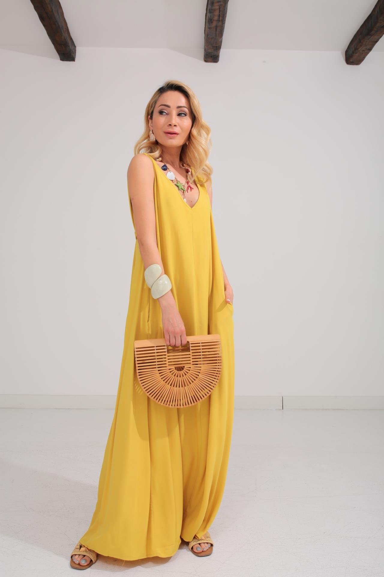 Kalın Askı Sırt Detaylı Yağ Yeşili Uzun Elbise ELBİSE | NO33