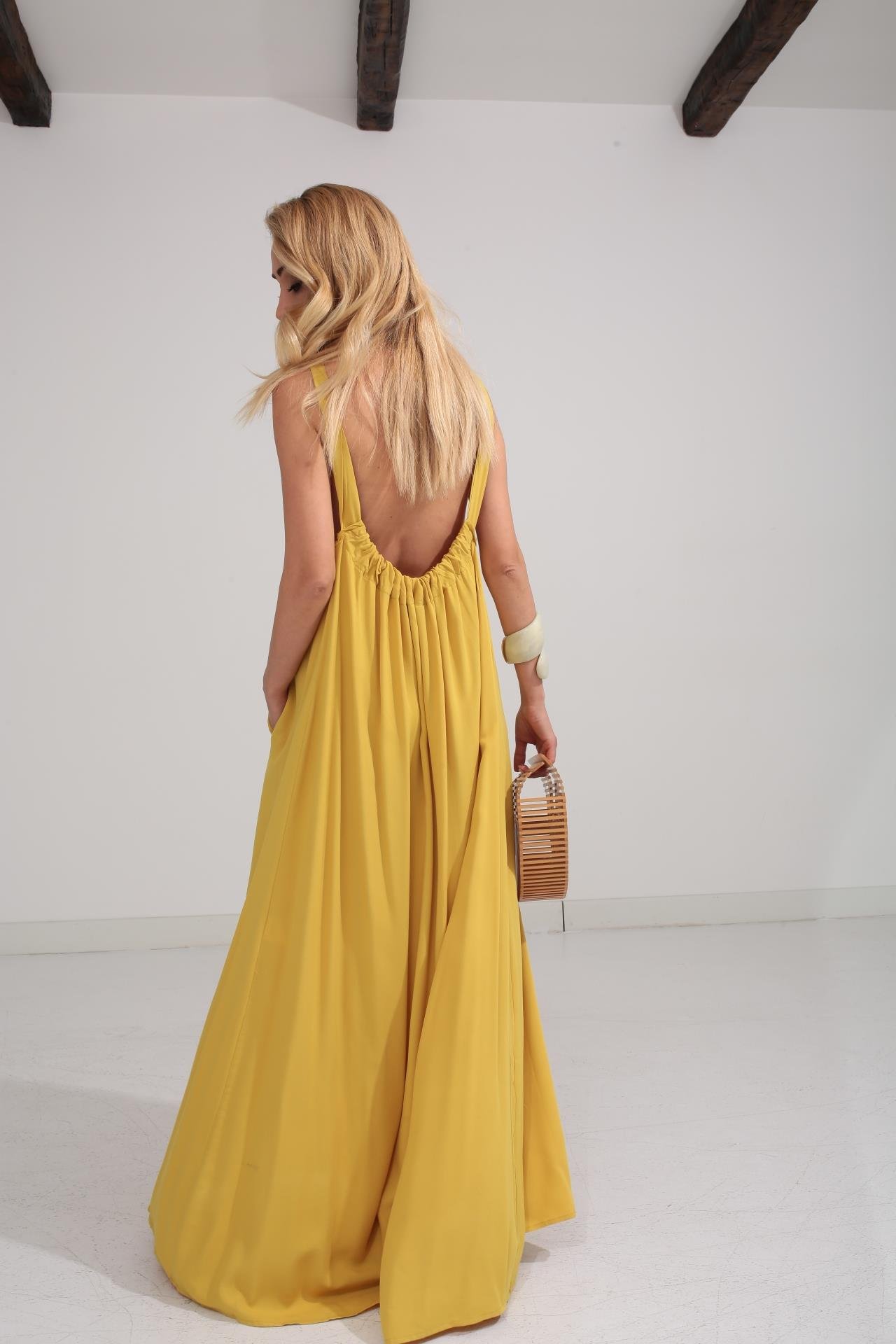 Kalın Askı Sırt Detaylı Yağ Yeşili Uzun Elbise ELBİSE | NO33