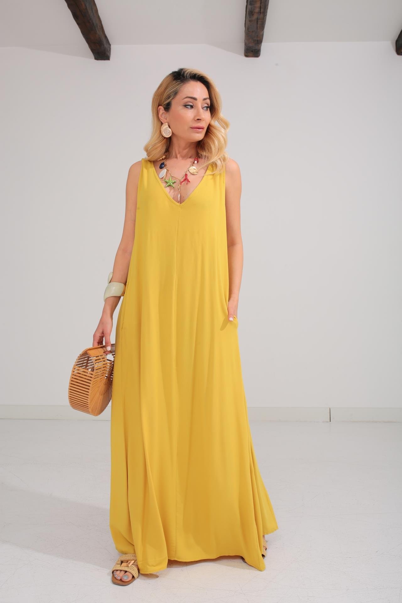 Kalın Askı Sırt Detaylı Yağ Yeşili Uzun Elbise ELBİSE | NO33