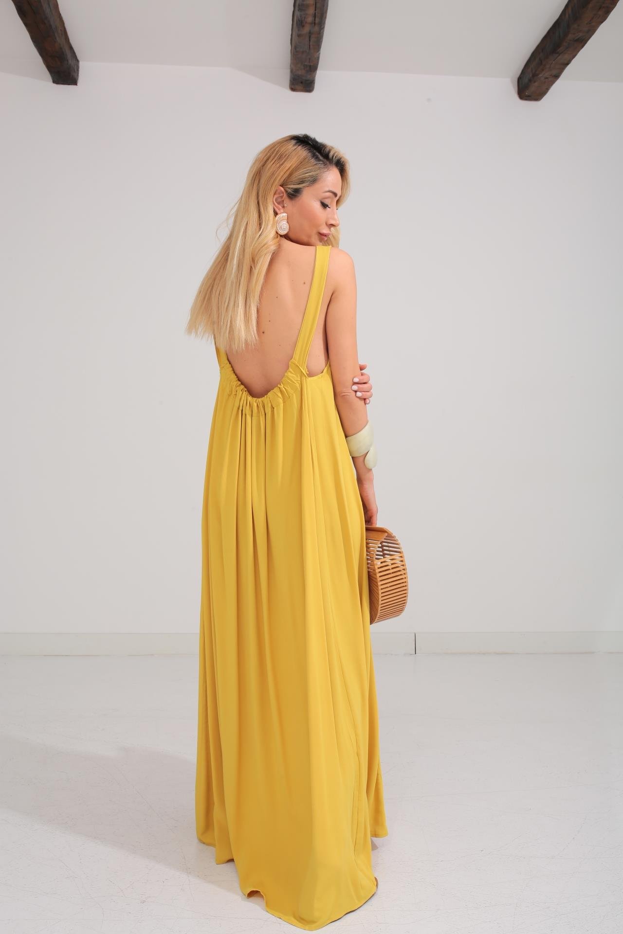 Kalın Askı Sırt Detaylı Yağ Yeşili Uzun Elbise ELBİSE | NO33