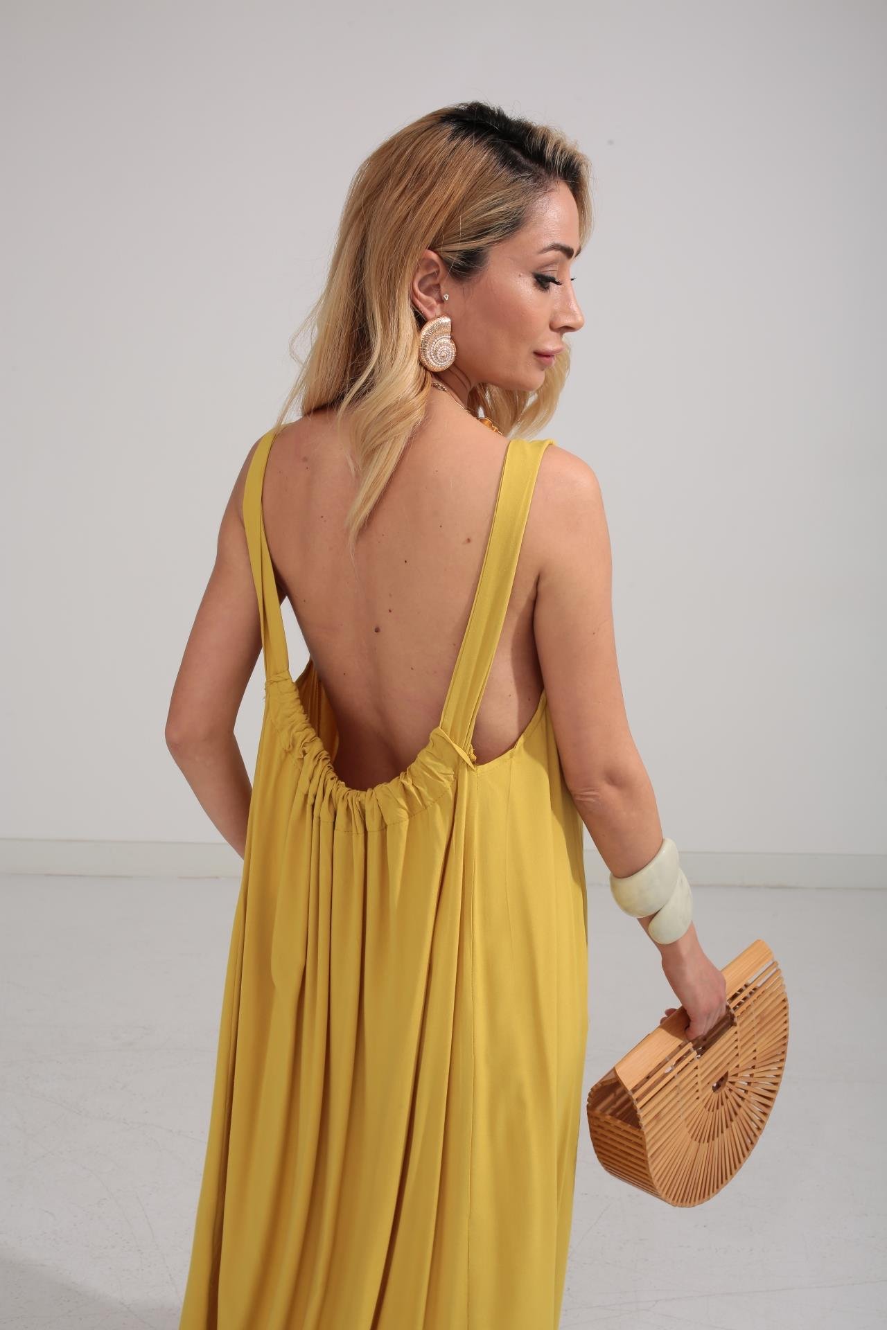 Kalın Askı Sırt Detaylı Yağ Yeşili Uzun Elbise ELBİSE | NO33