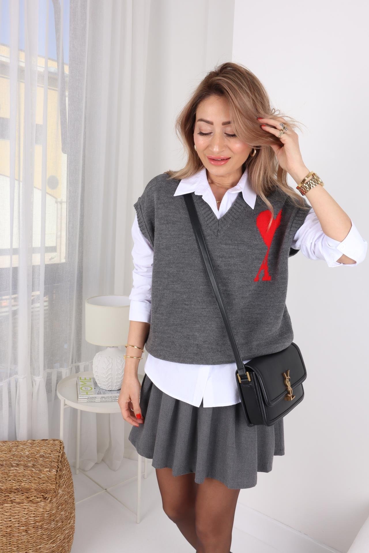 Kapalı Pileli Gri Mini Etek ETEK