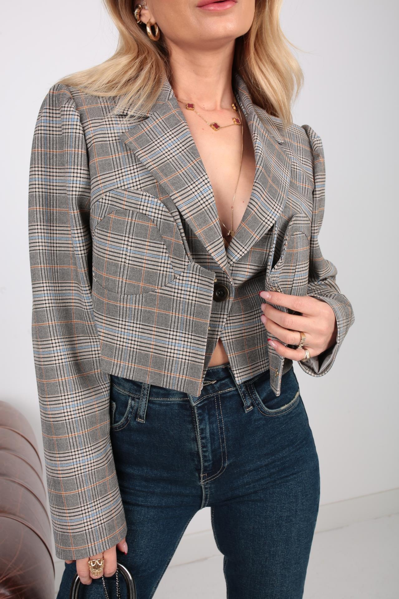 Kareli Yelek Detay Crop Ceket CEKET