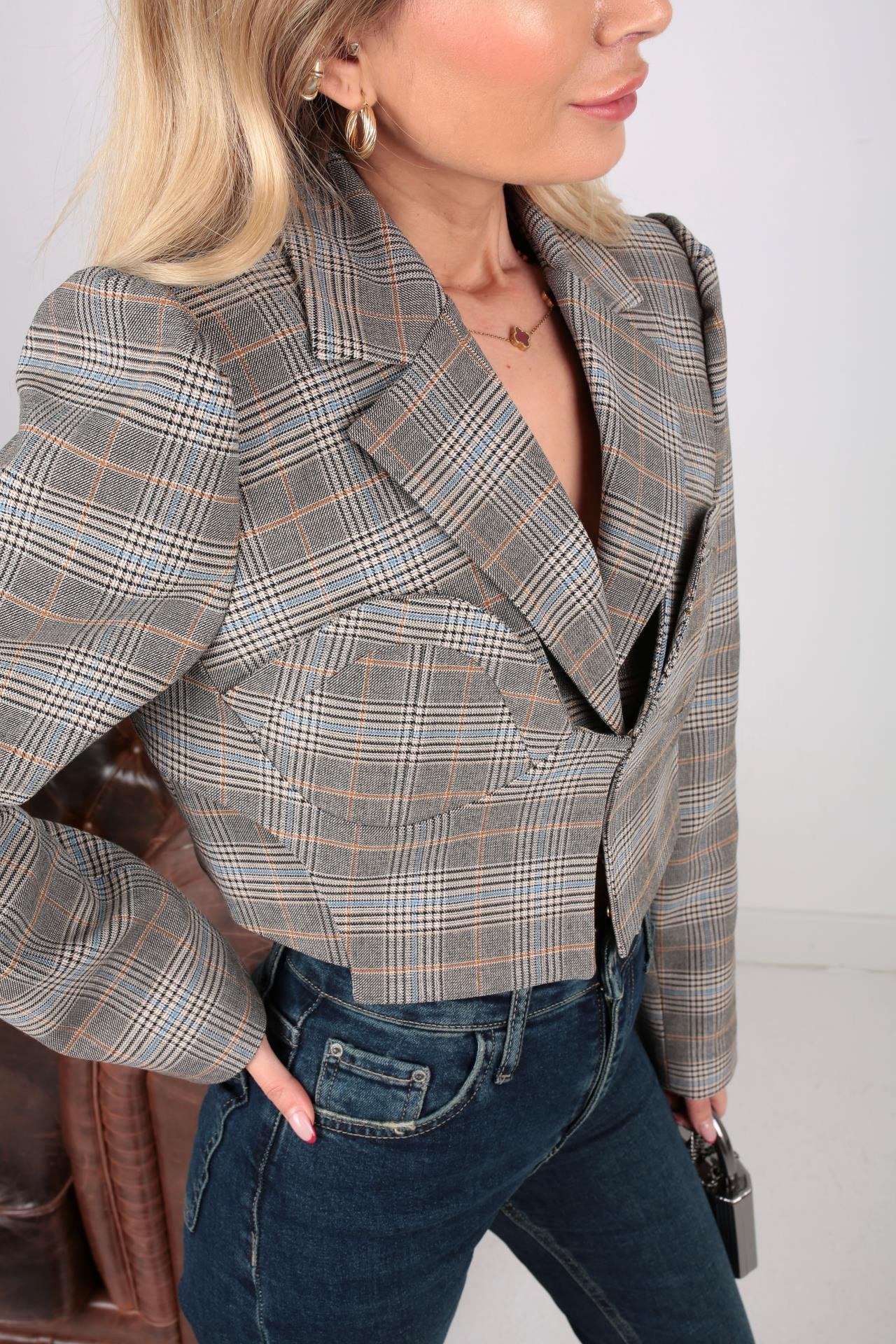 Kareli Yelek Detay Crop Ceket CEKET