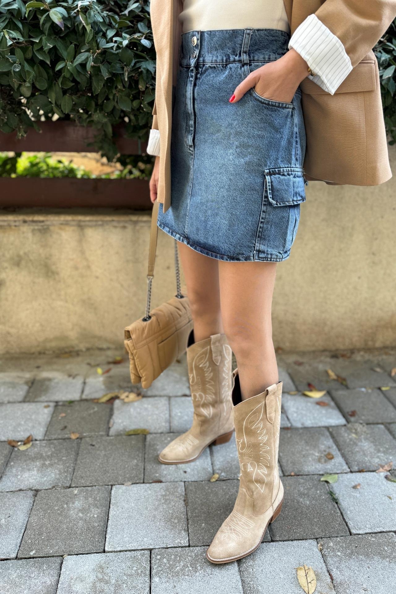 Kargo Cepli Kısa Denim Etek ETEK