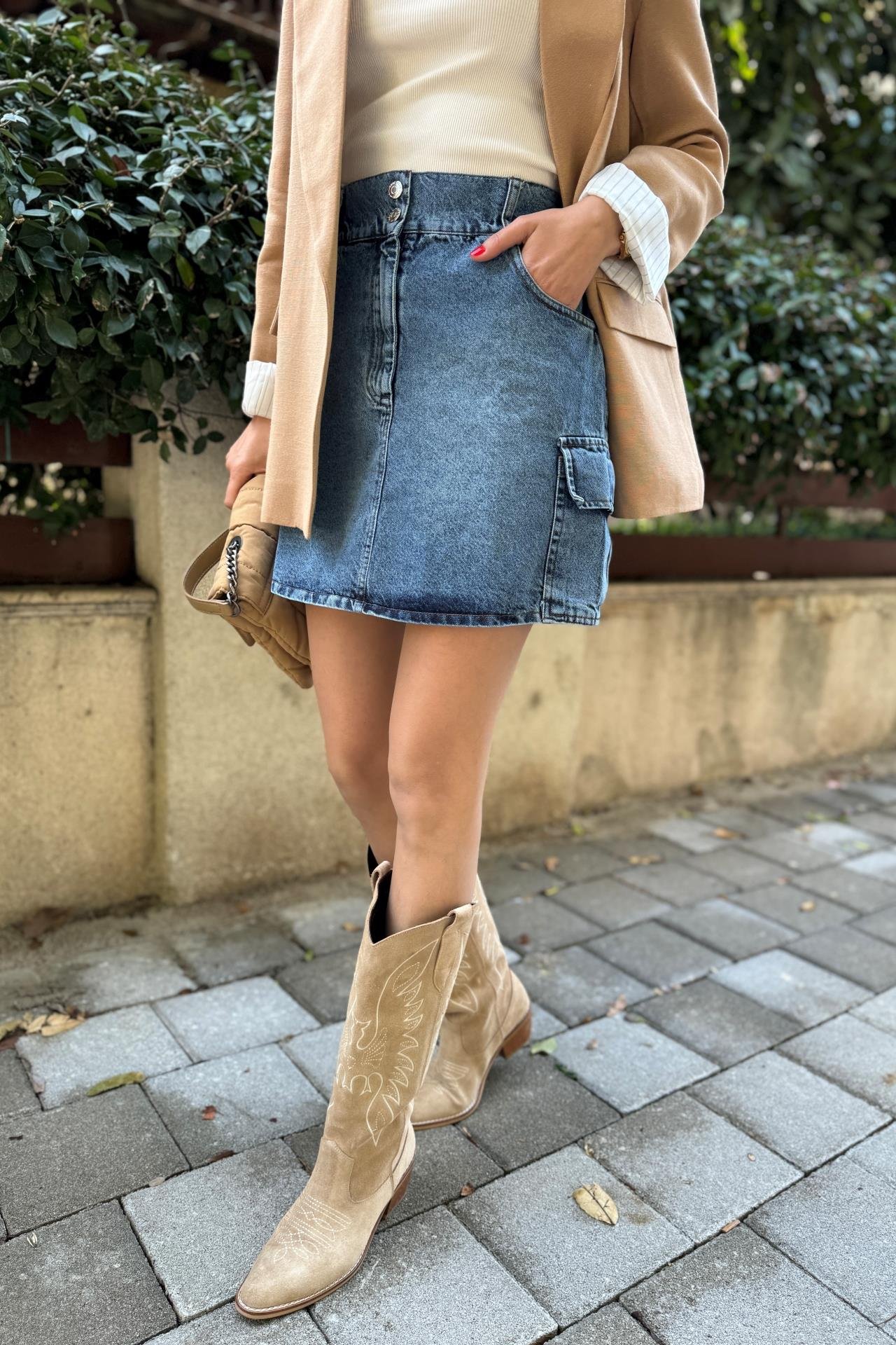 Kargo Cepli Kısa Denim Etek ETEK