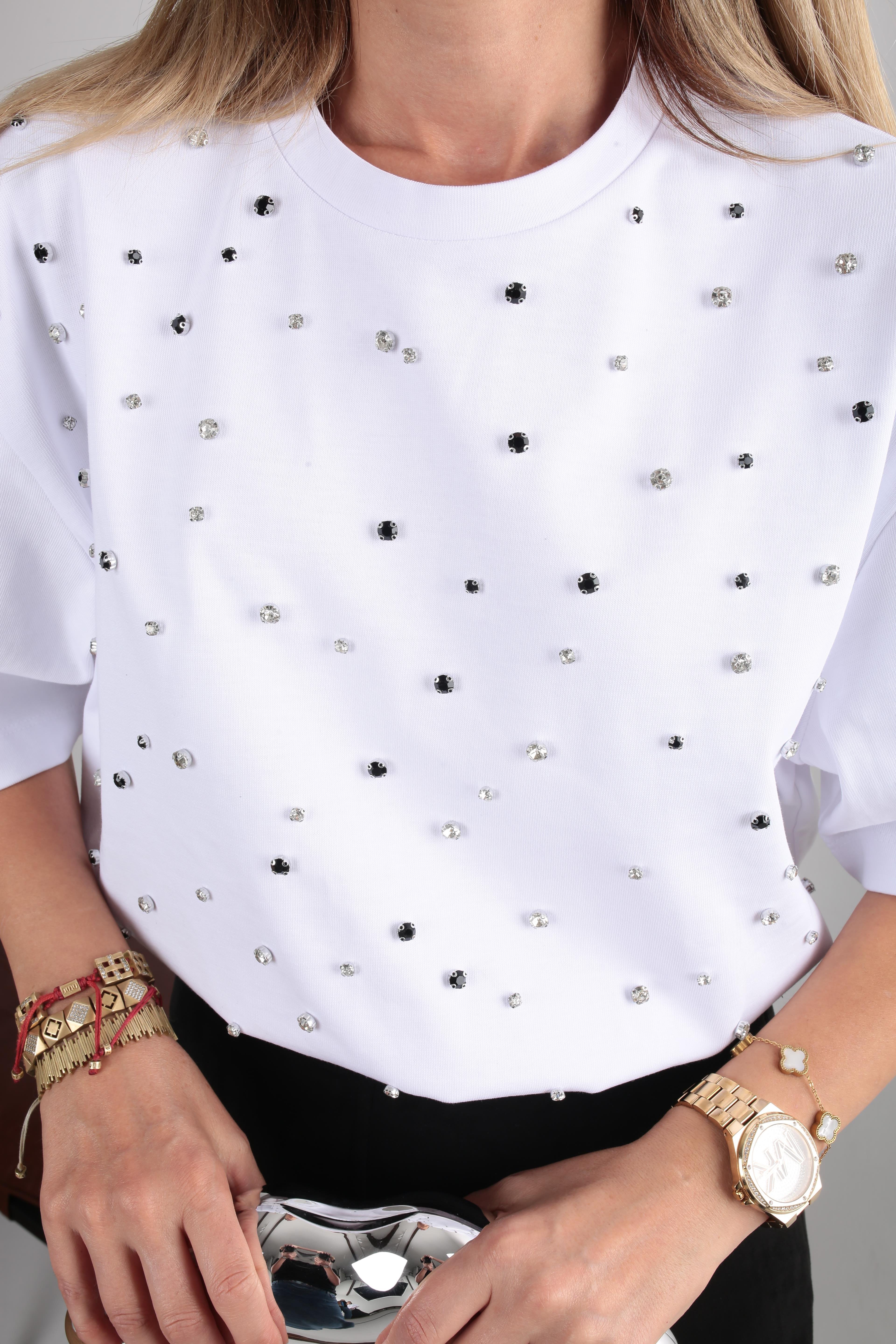 Karışık  Taş İşli Beyaz Basic Tshirt T-SHİRT