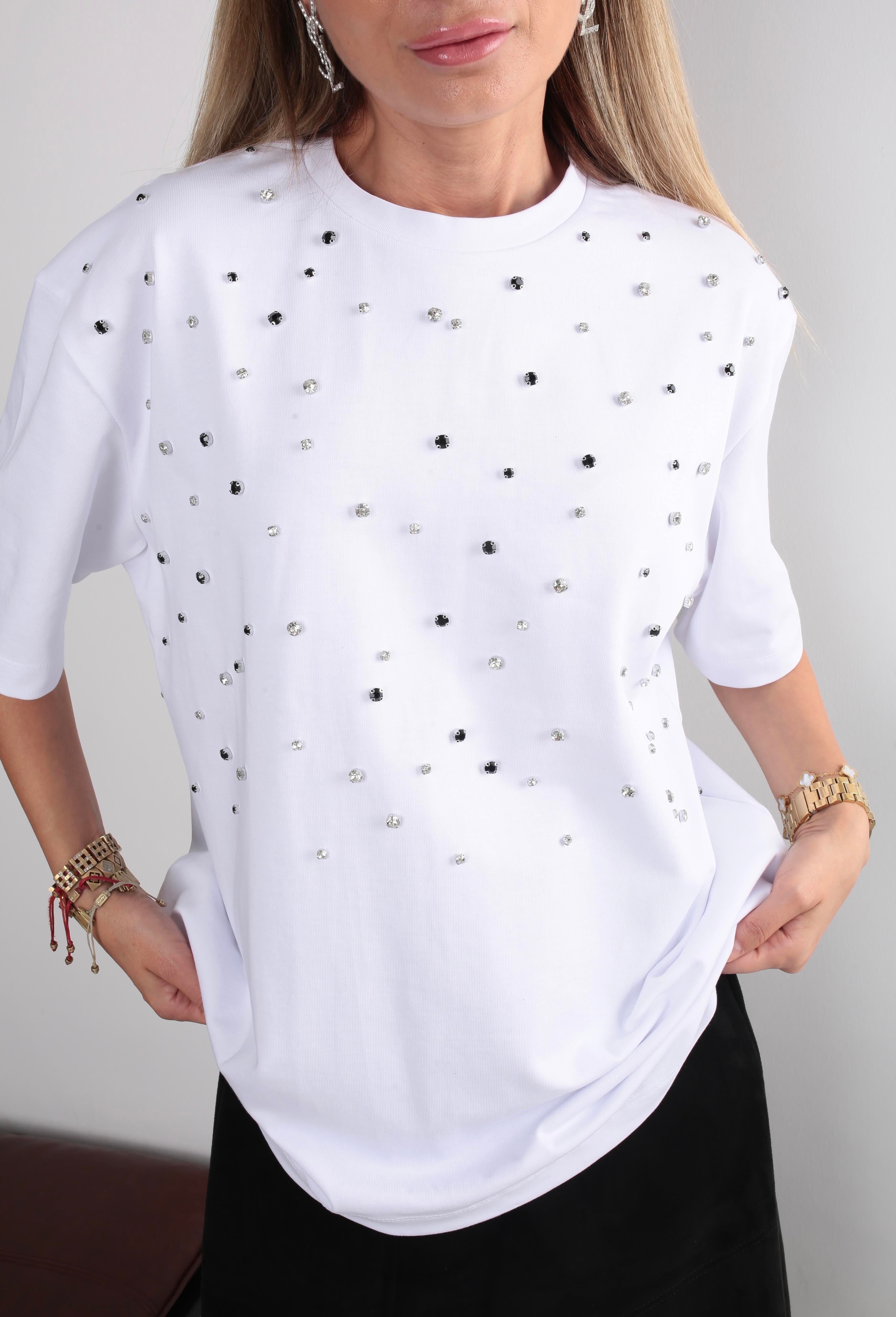 Karışık  Taş İşli Beyaz Basic Tshirt T-SHİRT