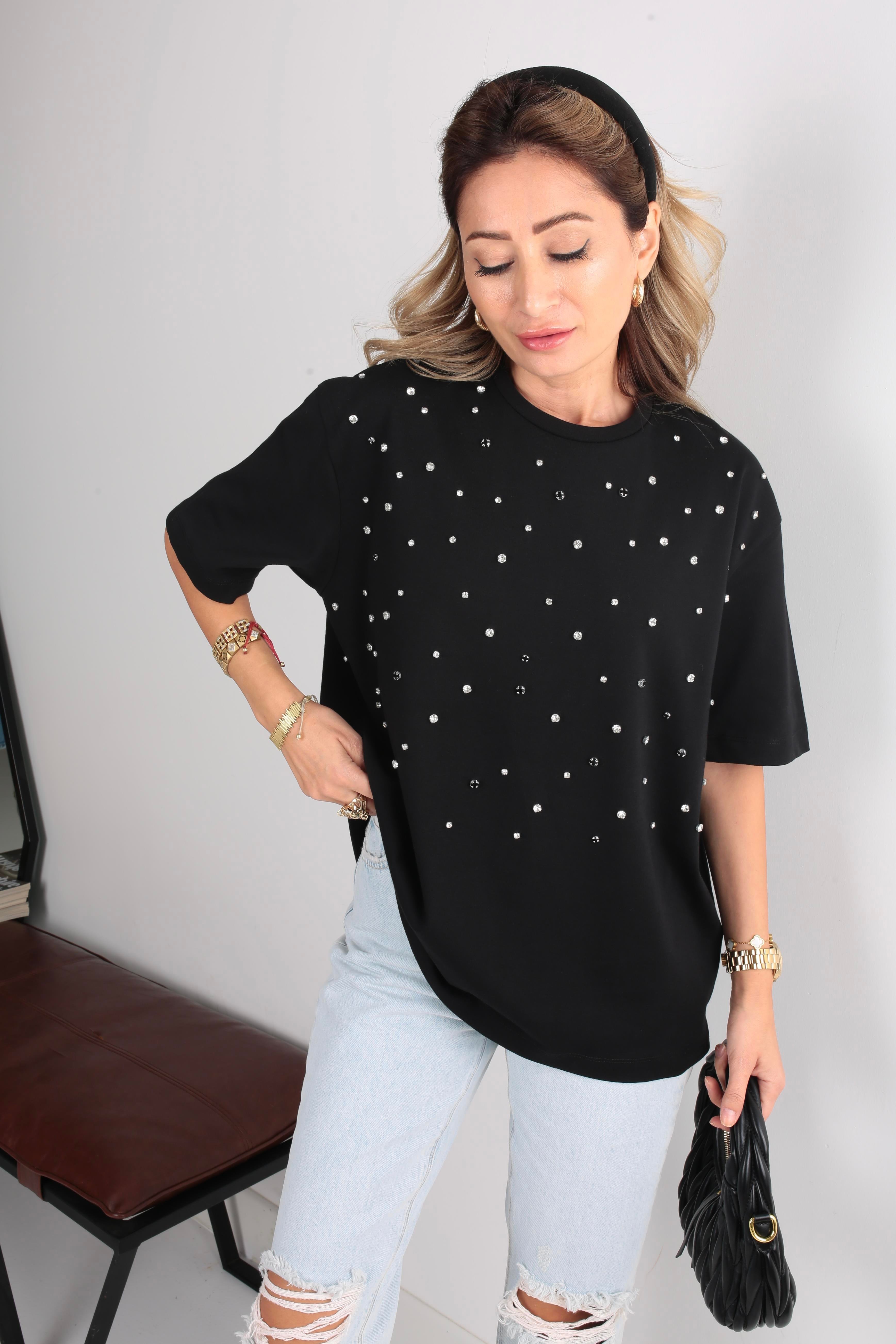 Karışık  Taş İşli Siyah Basic Tshirt T-SHİRT