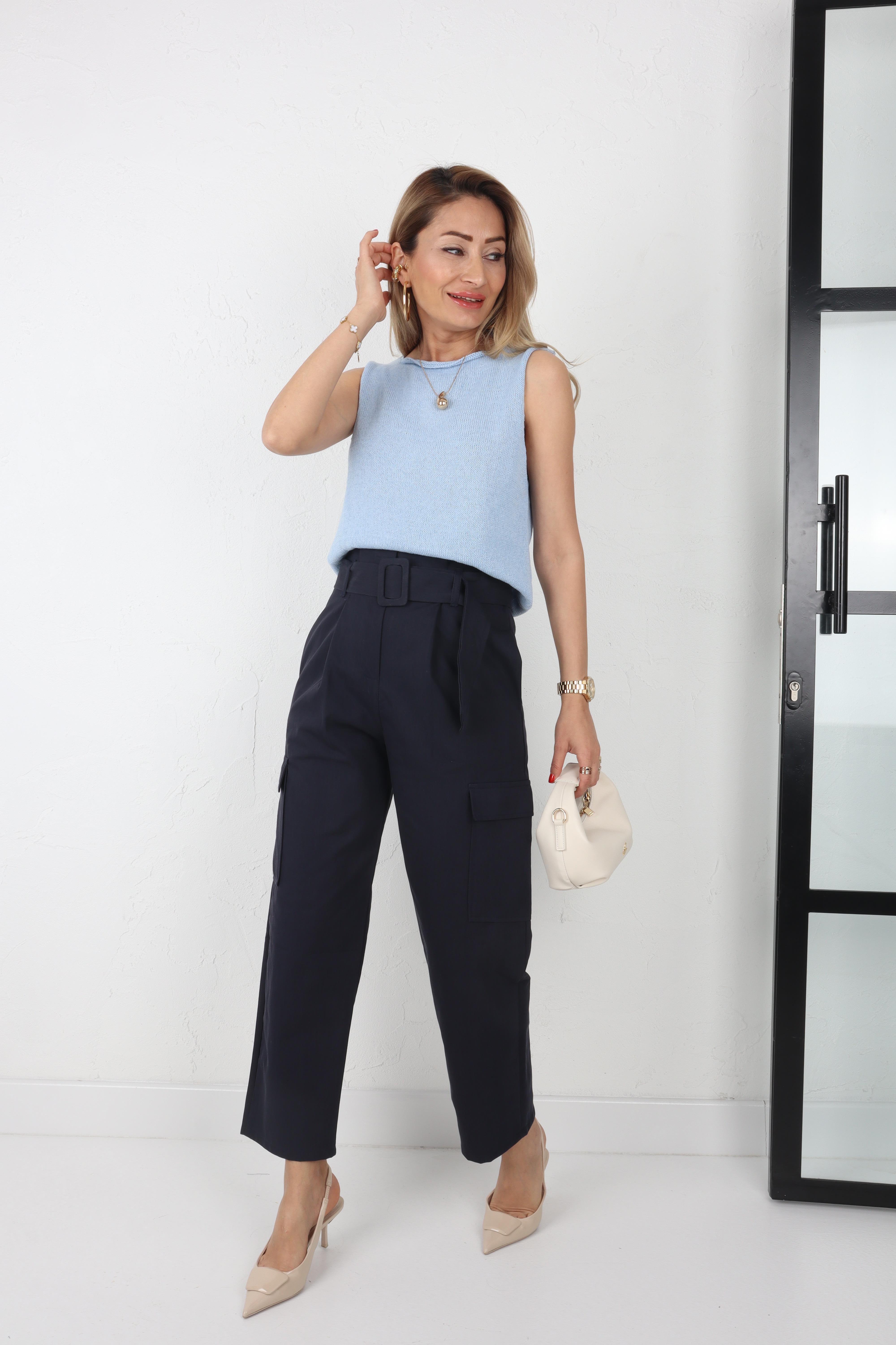 Kemerli Gabardin Kargo Cep Lacivert Pantolon PANTOLON