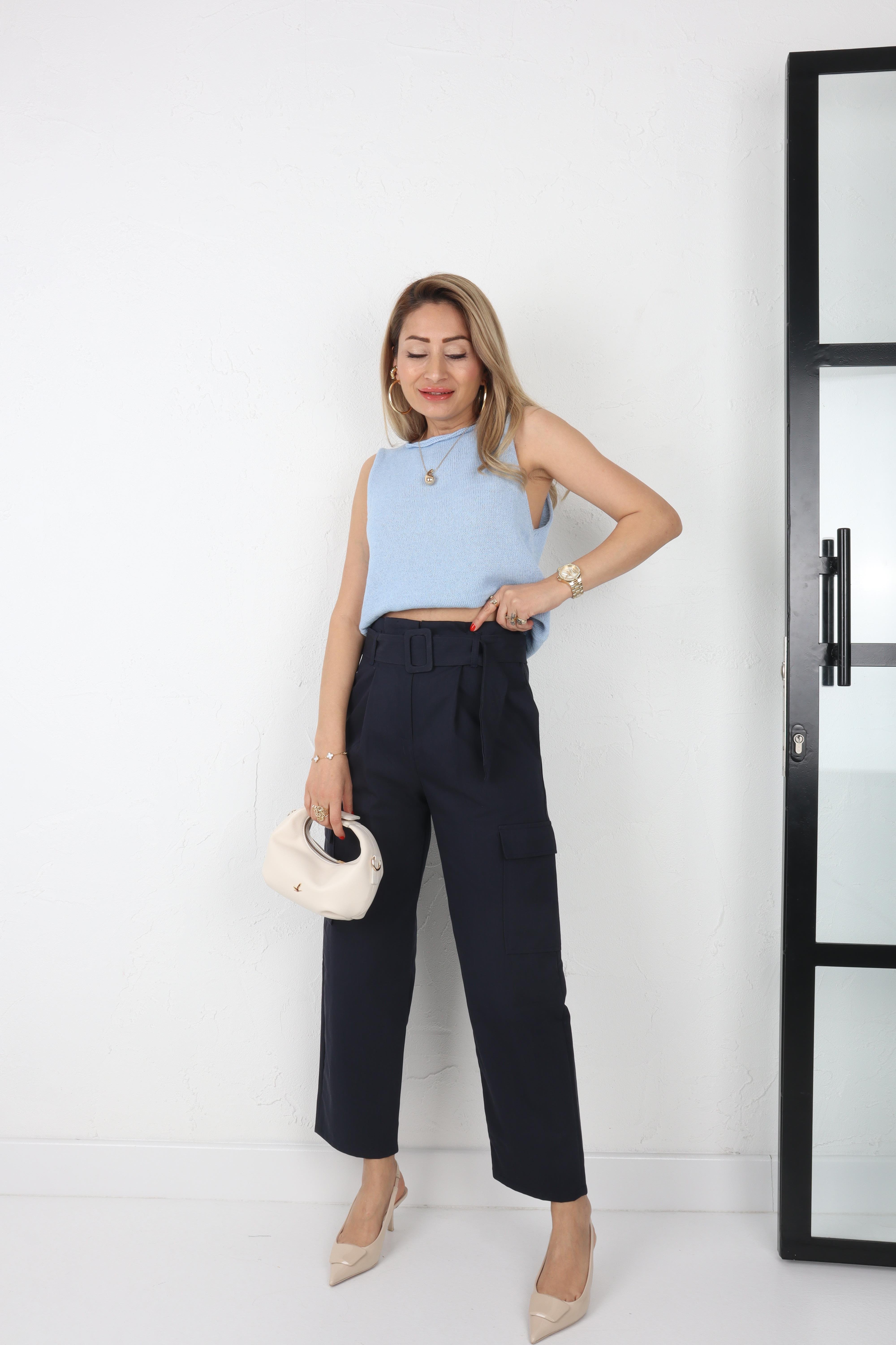 Kemerli Gabardin Kargo Cep Lacivert Pantolon PANTOLON