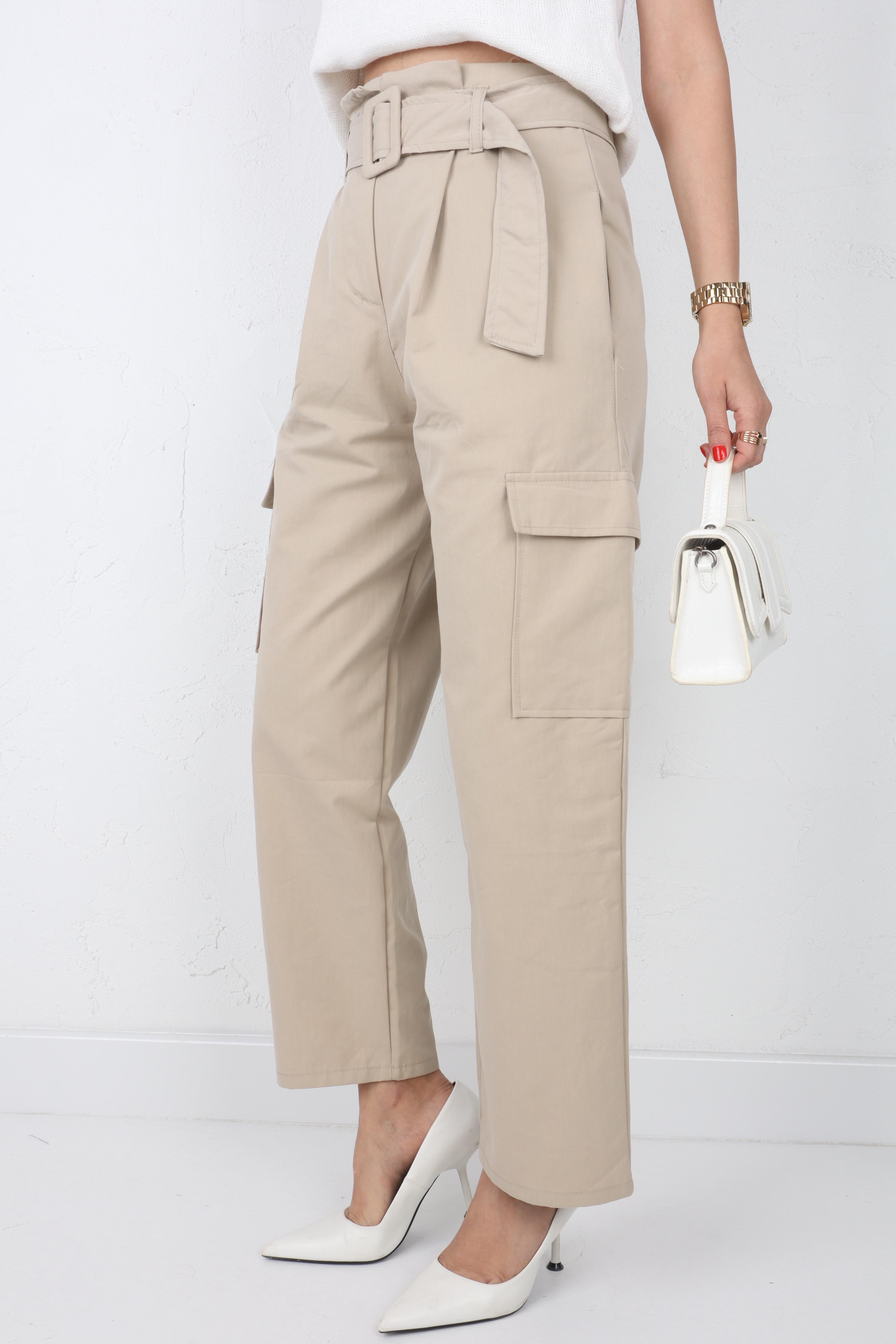 Kemerli Gabardin Kargo Cep Taş Pantolon PANTOLON