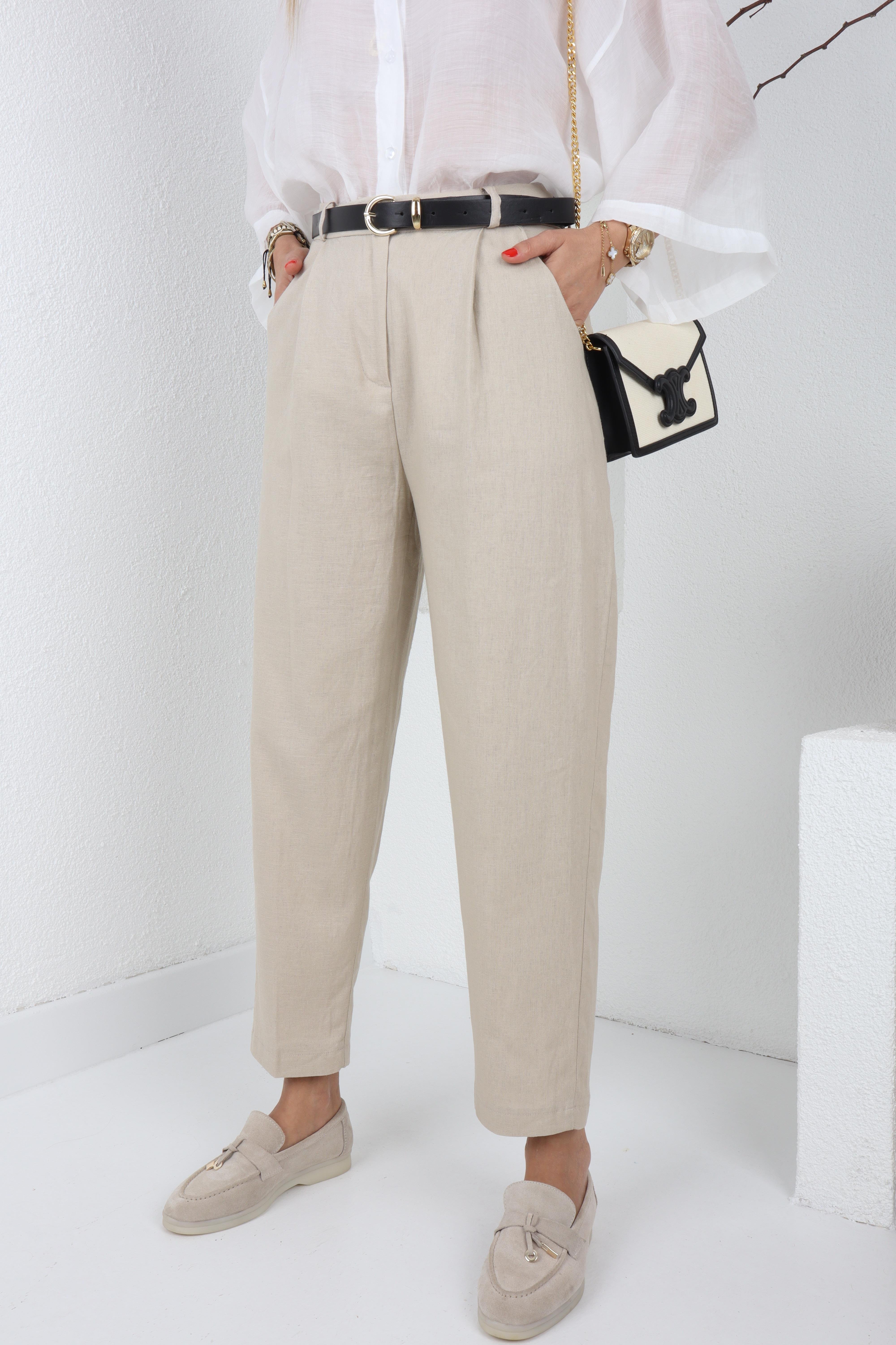 Kemerli Havuç Kesim Keten Pantolon PANTOLON