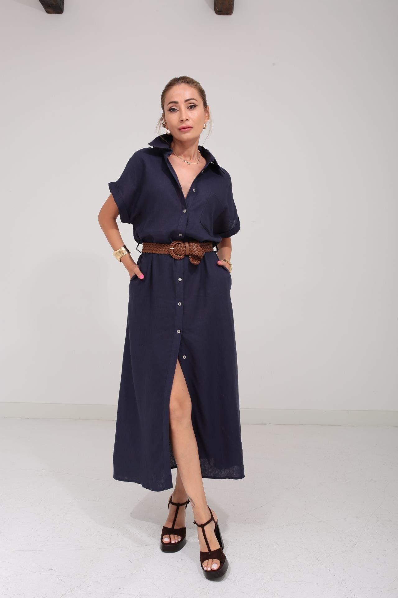 Kendinden Kemerli Lacivert Keten Elbise ELBİSE | NO33