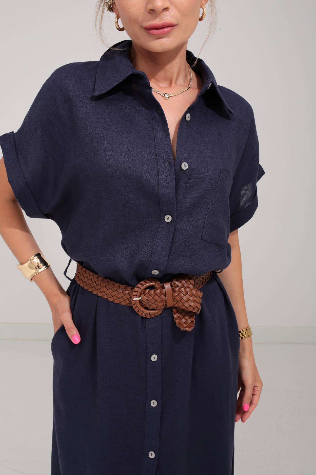 Kendinden Kemerli Lacivert Keten Elbise ELBİSE | NO33