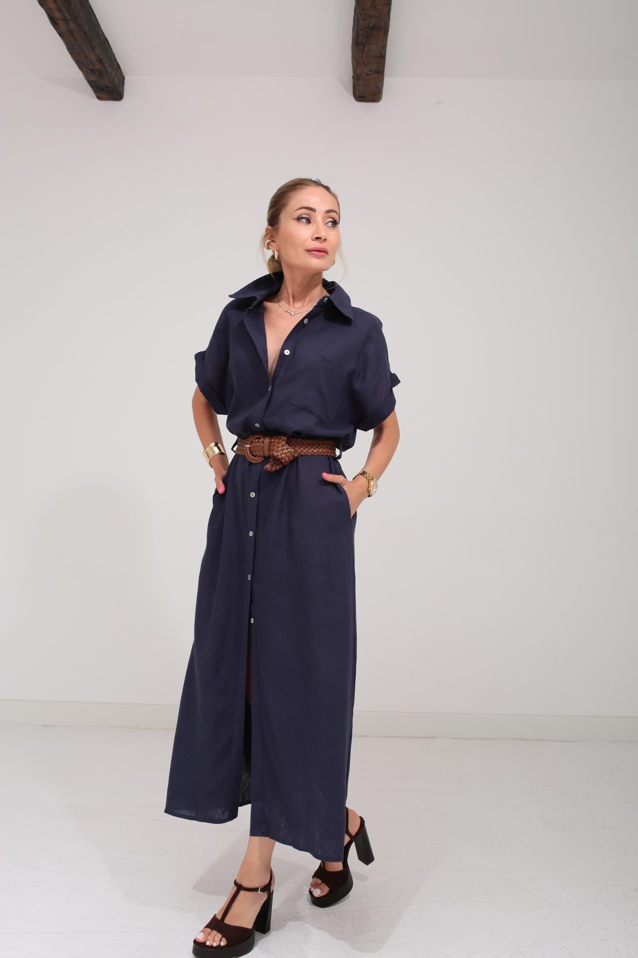 Kendinden Kemerli Lacivert Keten Elbise ELBİSE | NO33