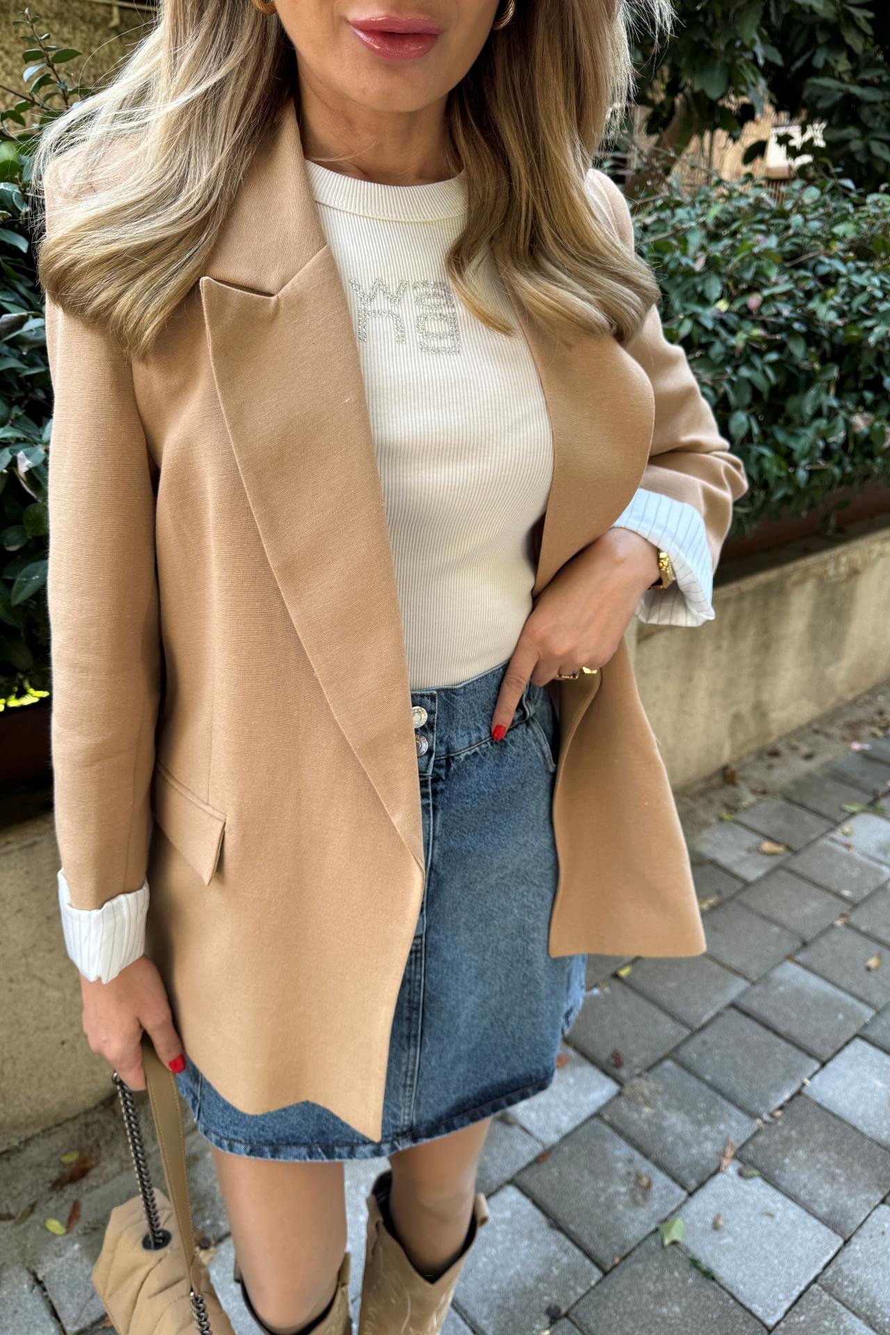 Kolu Katlı Çizgili Astarlı Camel Keten Blazer Ceket CEKET