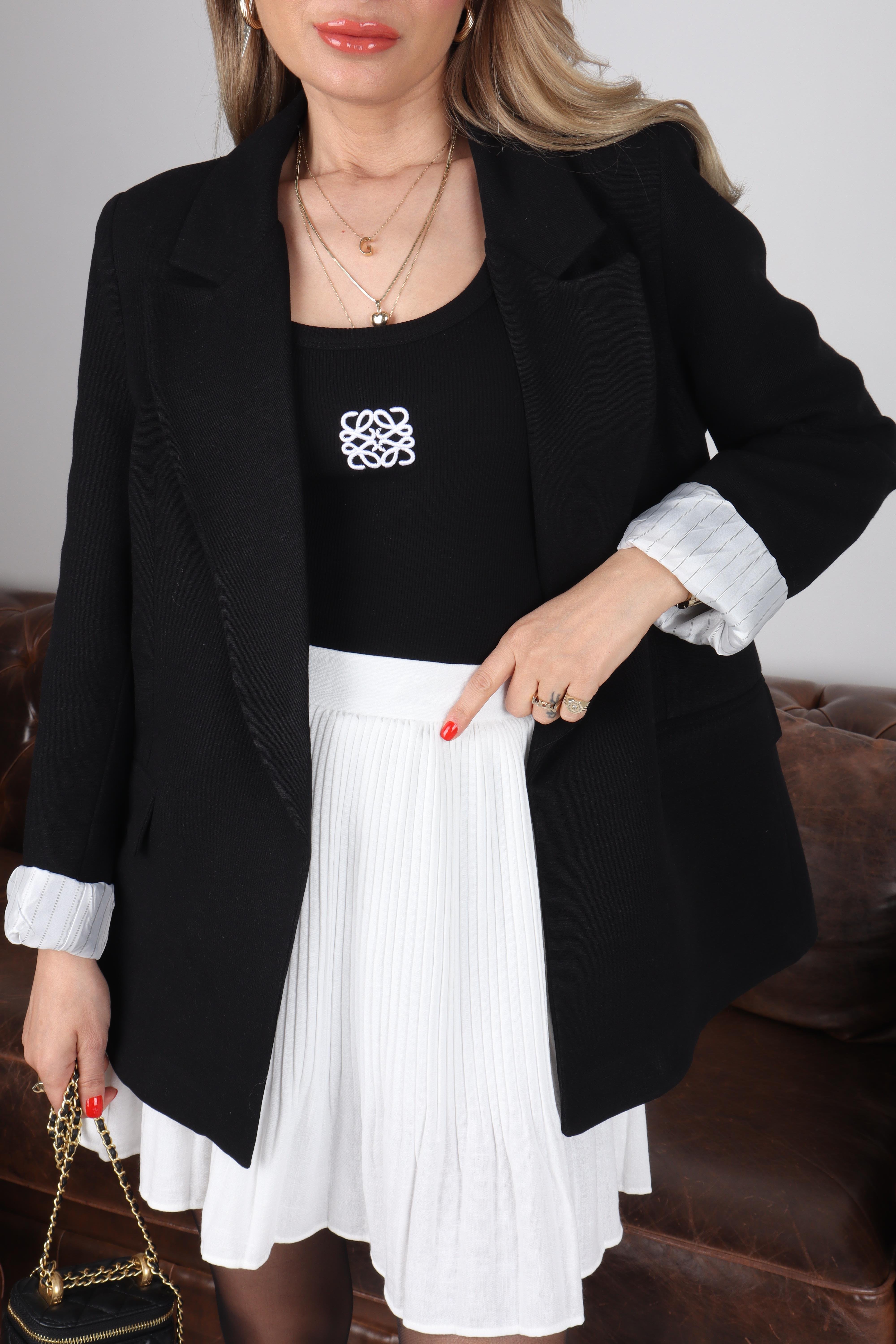 Kolu Katlı Çizgili Astarlı Siyah Keten Blazer Ceket CEKET