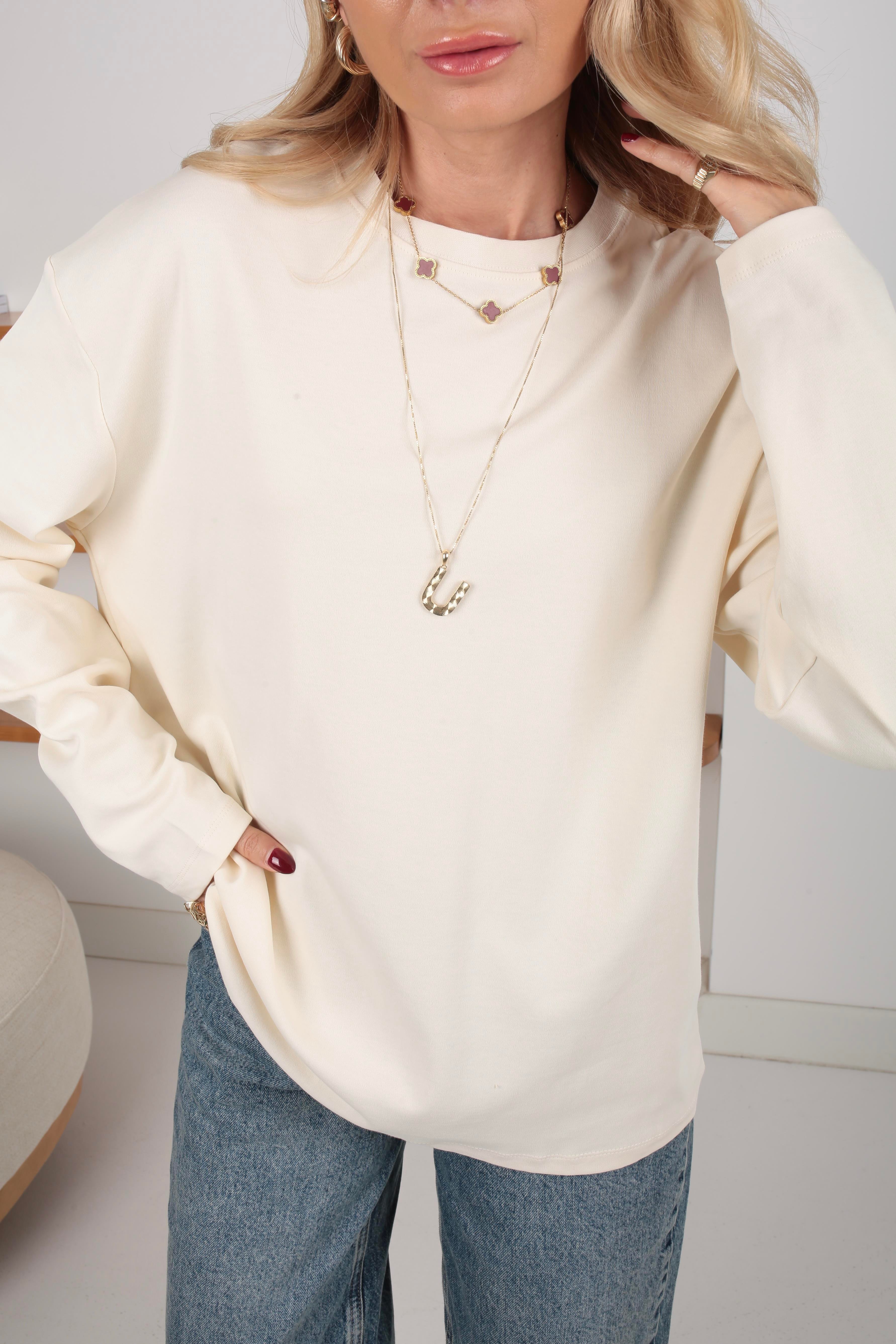 Krem Bisiklet Yaka Uzun Kol Basic SWEATSHİRT