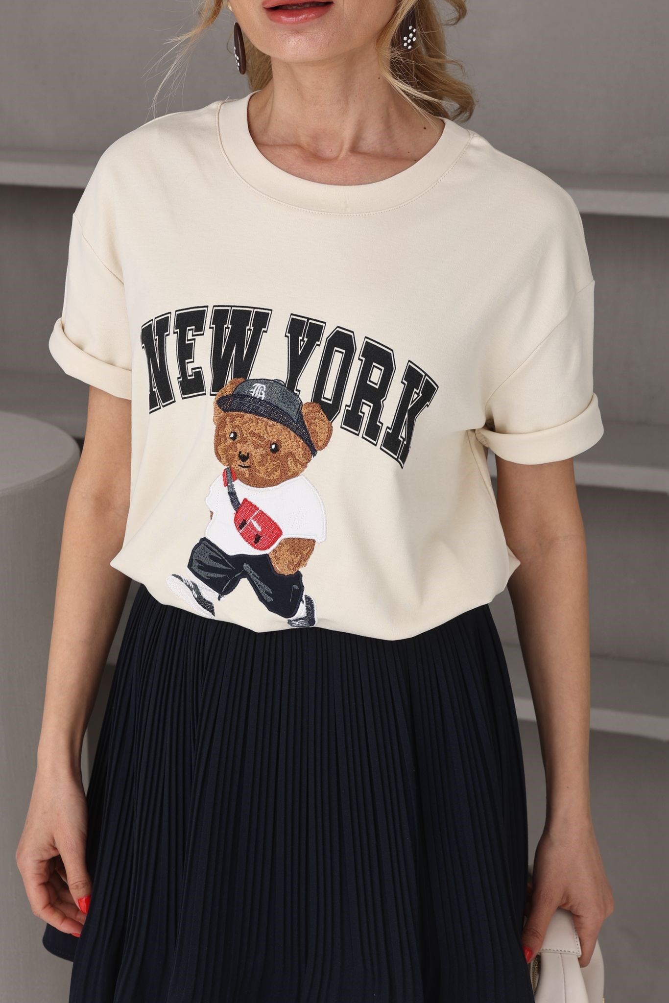 Krem Teddy Nakışlı Basic Tshirt T-SHİRT | NO33