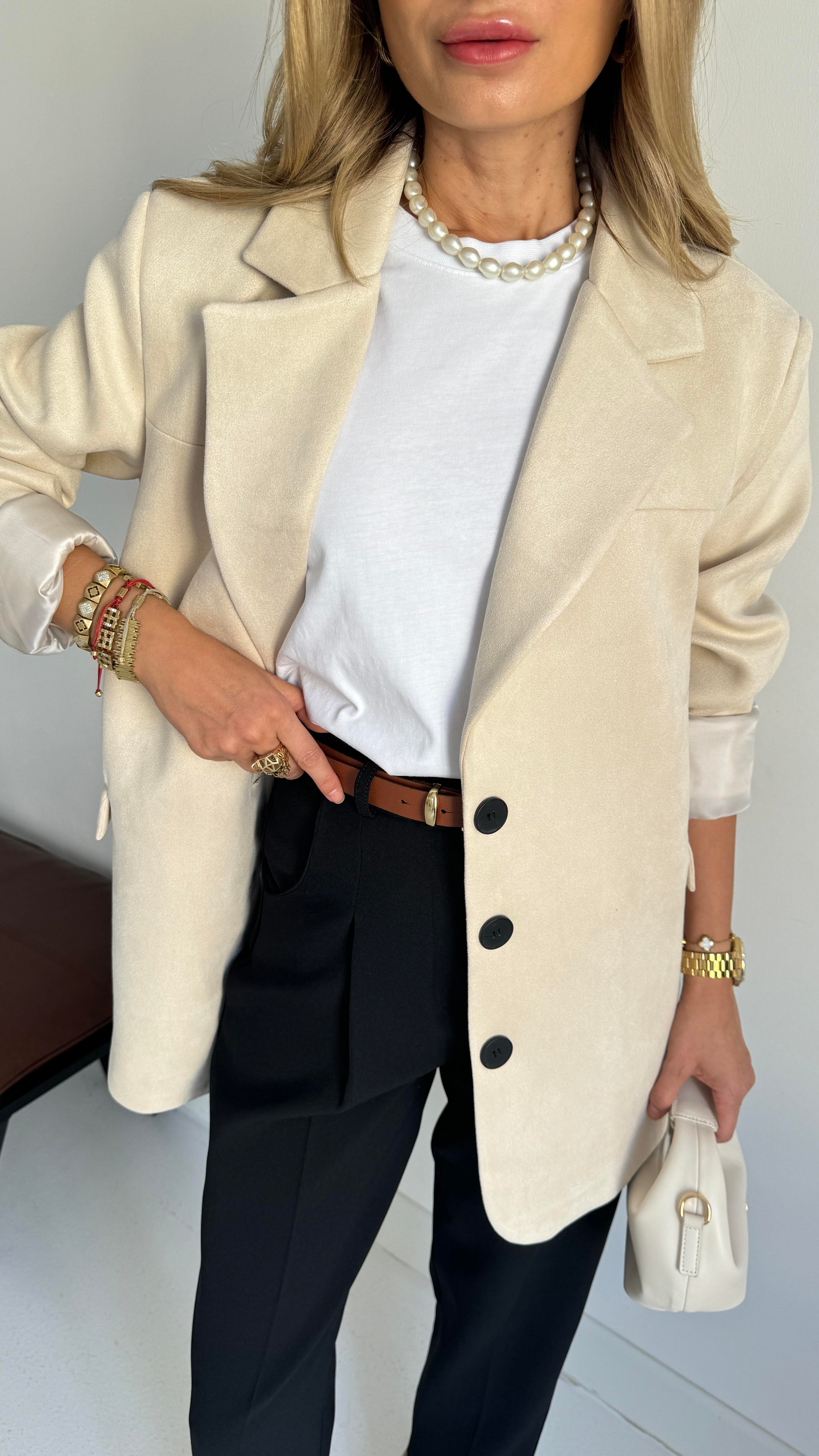 Krem Üç Düğmeli Nubuk Blazer Ceket CEKET