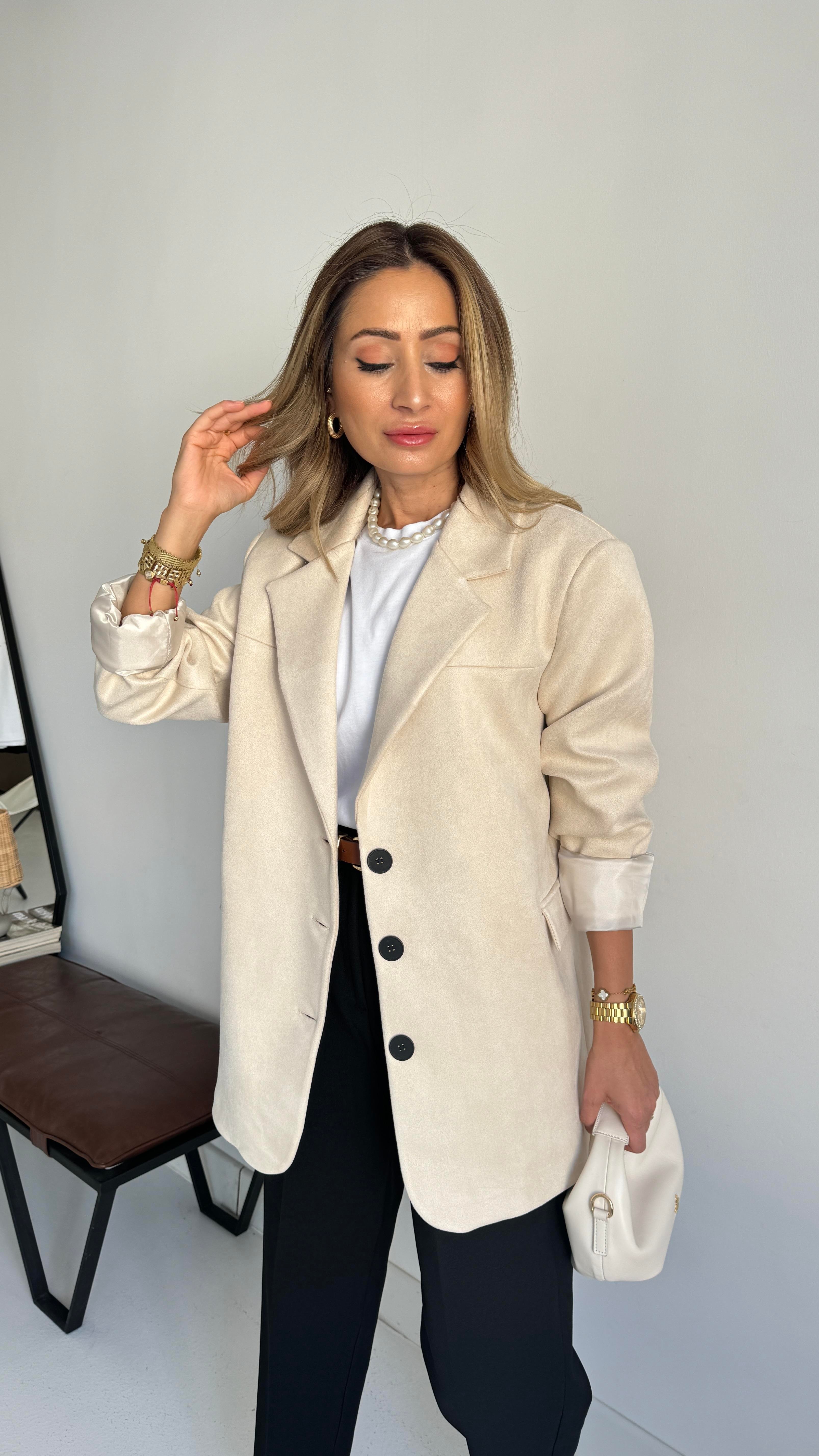 Krem Üç Düğmeli Nubuk Blazer Ceket CEKET