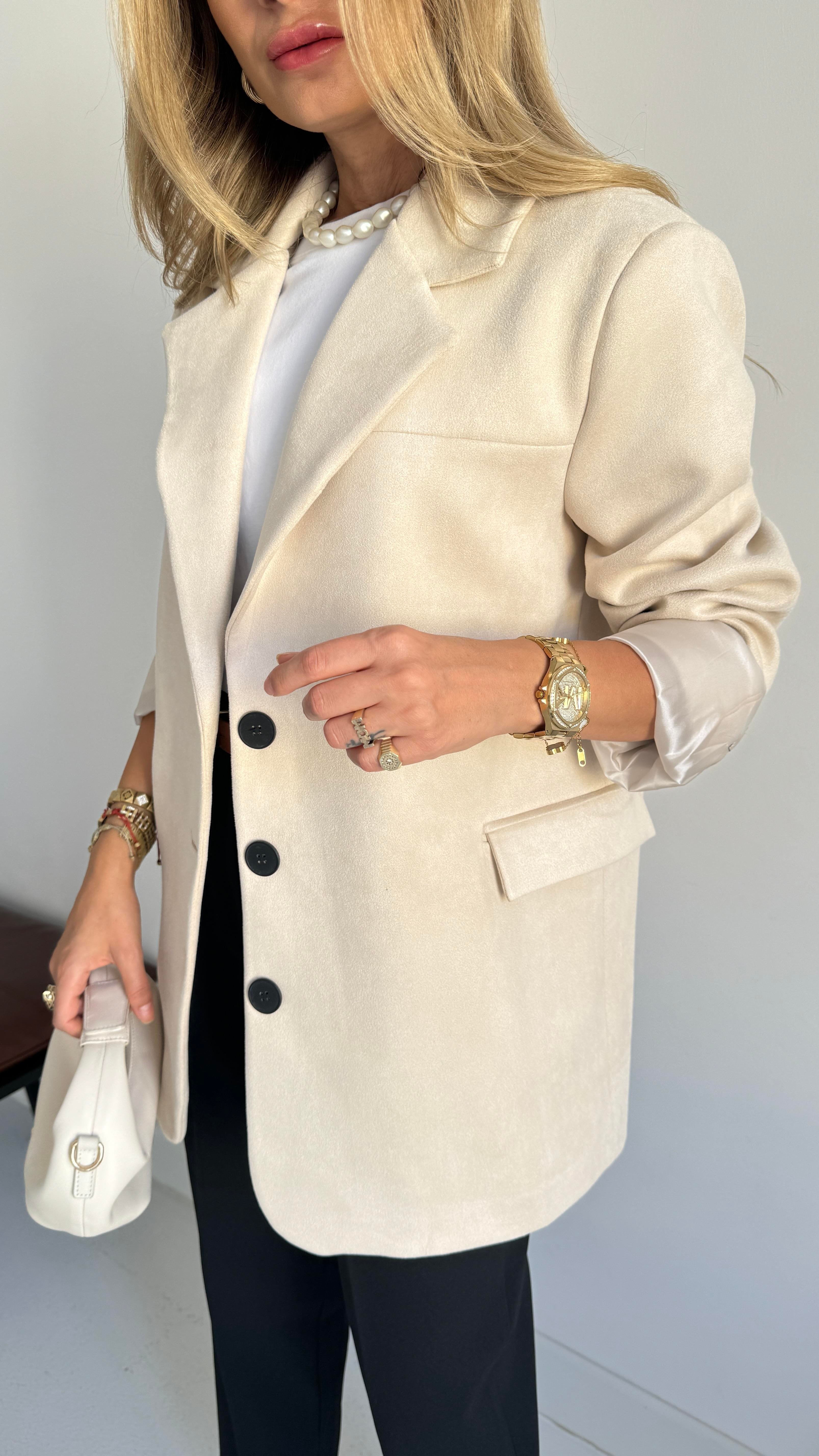 Krem Üç Düğmeli Nubuk Blazer Ceket CEKET