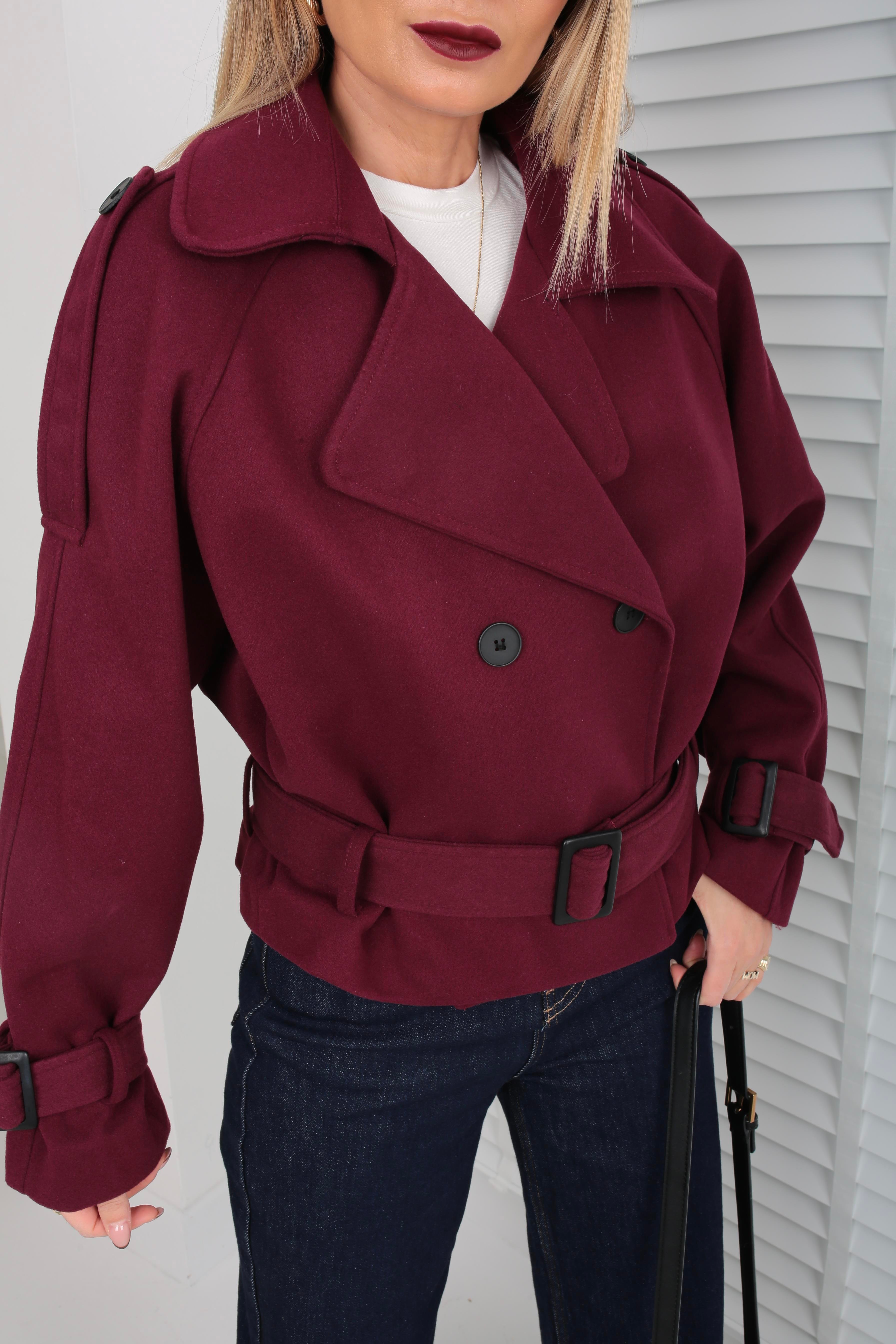 Kruvaze Kuşaklı Bordo Kısa Kaşe Ceket CEKET