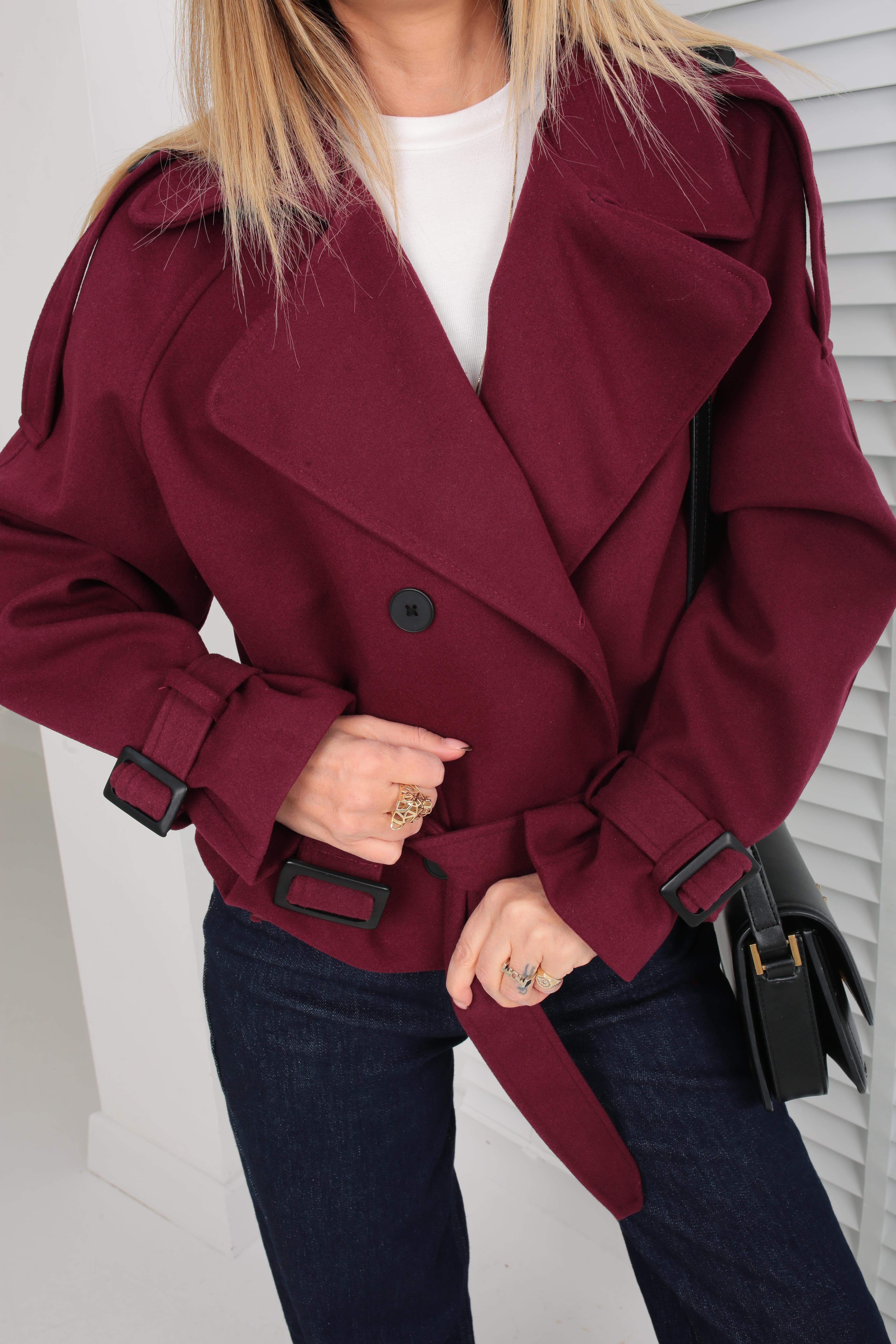 Kruvaze Kuşaklı Bordo Kısa Kaşe Ceket CEKET