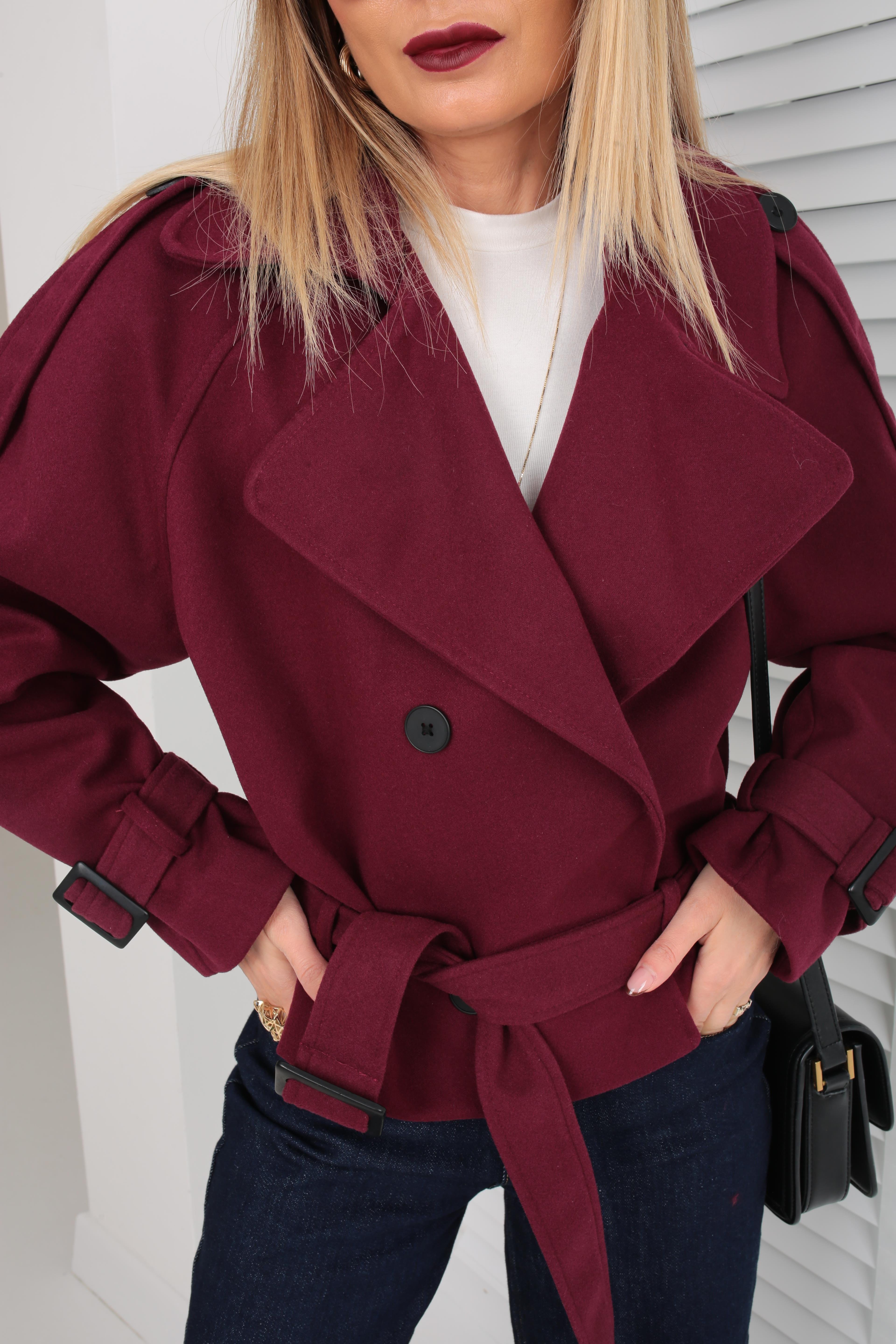 Kruvaze Kuşaklı Bordo Kısa Kaşe Ceket CEKET