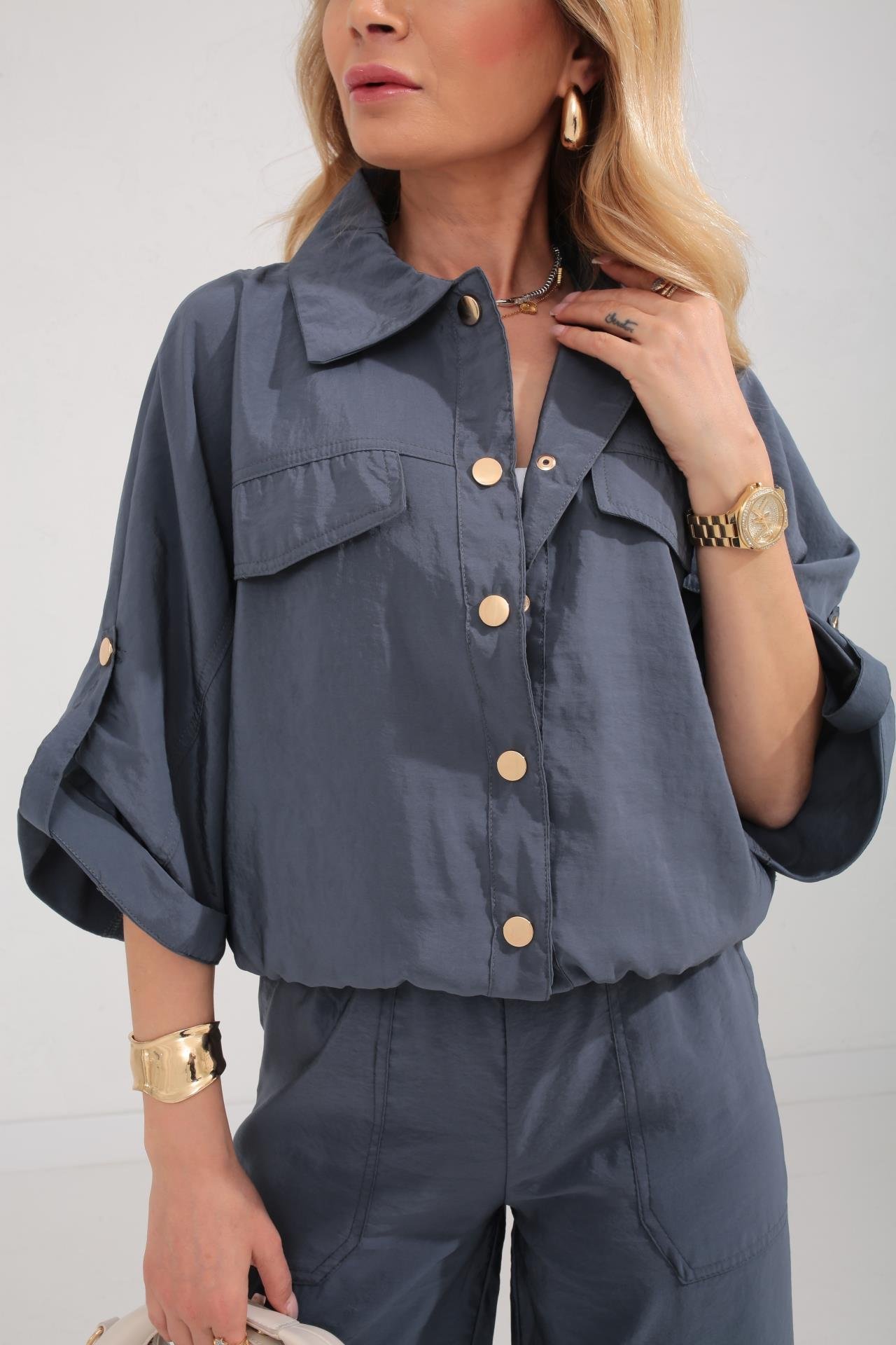 Lacivert Beli Lastikli Tensel Kumaş Takım TAKIM