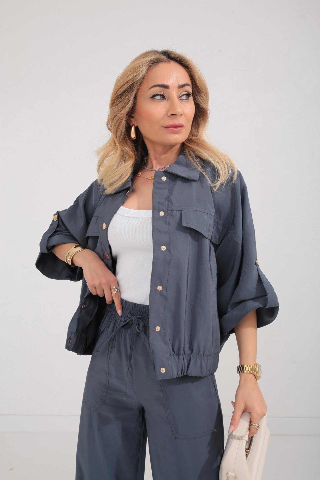 Lacivert Beli Lastikli Tensel Kumaş Takım TAKIM