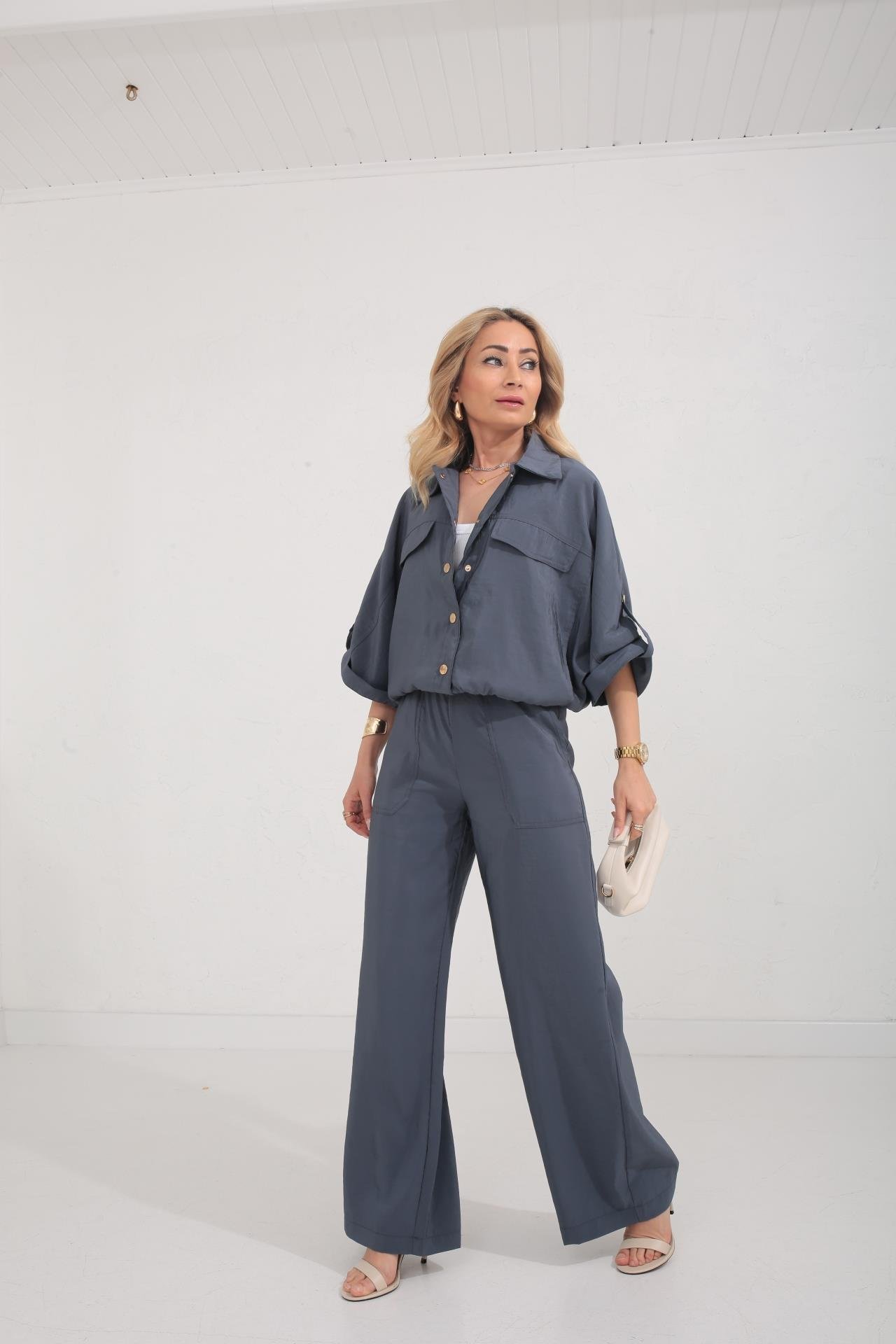 Lacivert Beli Lastikli Tensel Kumaş Takım TAKIM