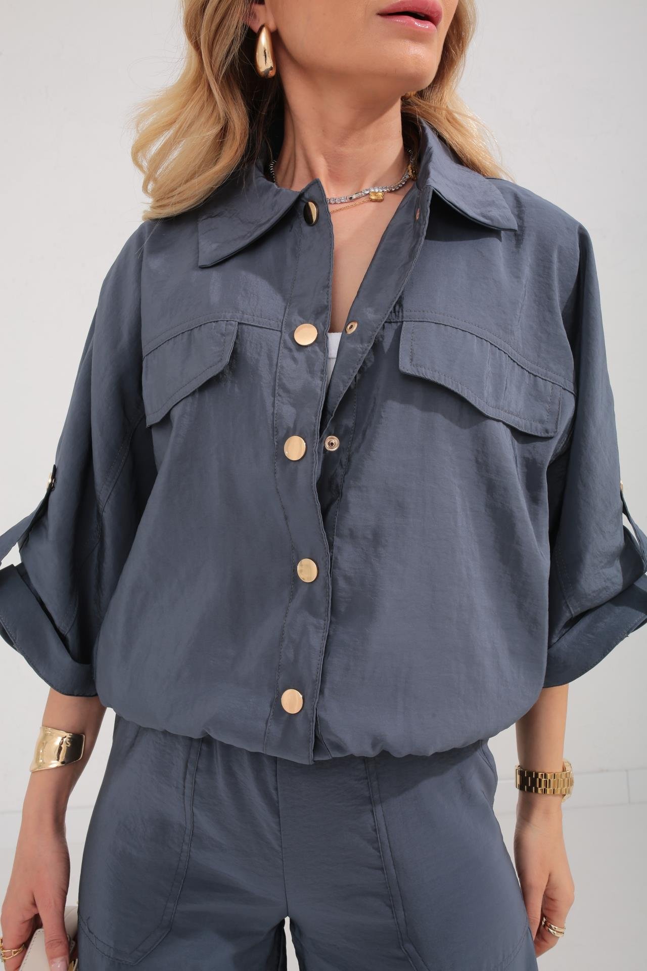 Lacivert Beli Lastikli Tensel Kumaş Takım TAKIM