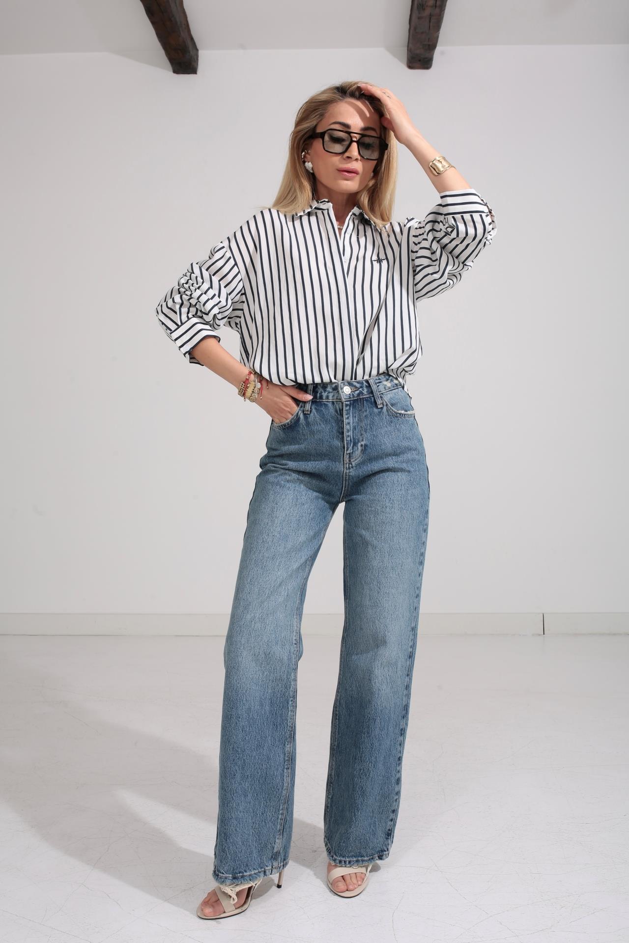 Lacivert Çizgili Nakışlı Gömlek GÖMLEK