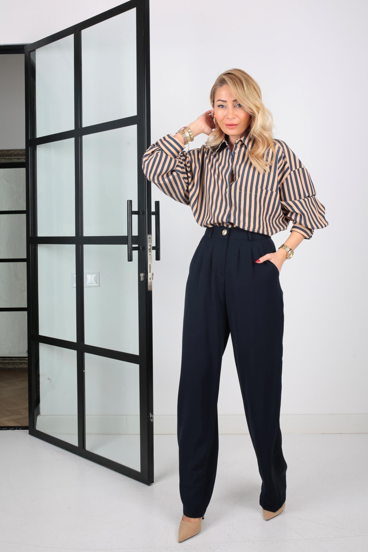 Lacivert Gold Düğmeli Yarım Lastik Palazzo Pantolon PANTOLON