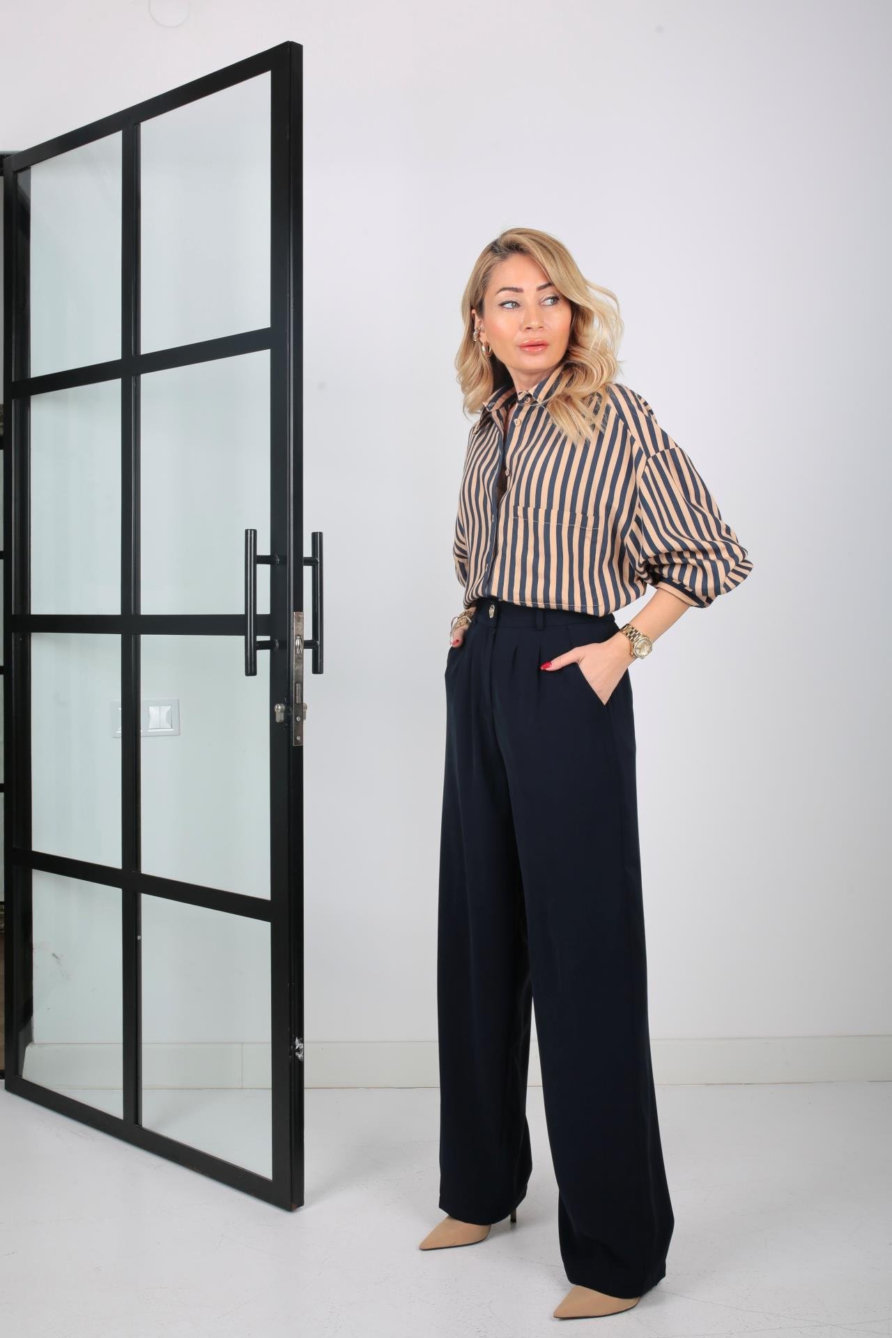 Lacivert Gold Düğmeli Yarım Lastik Palazzo Pantolon PANTOLON