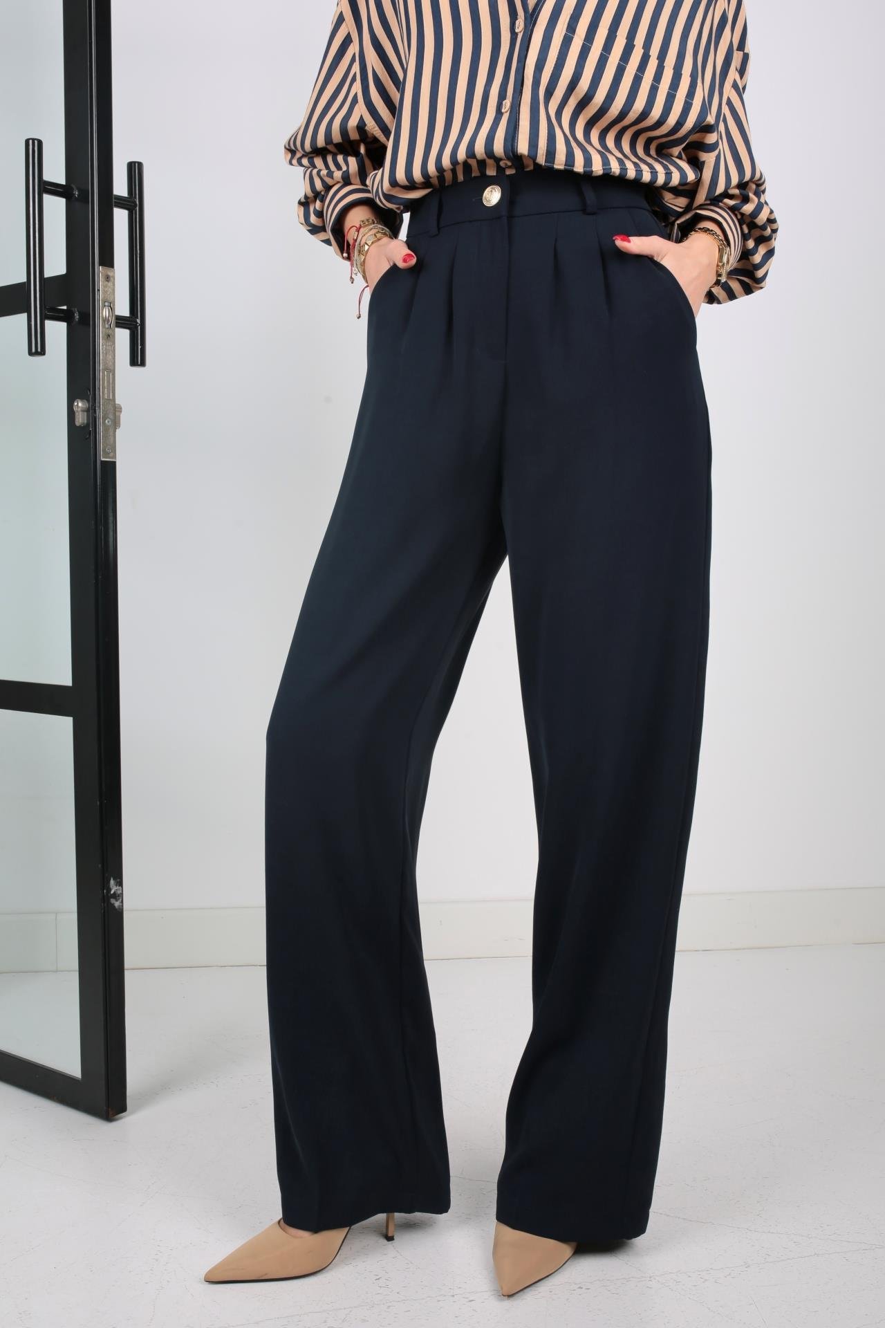 Lacivert Gold Düğmeli Yarım Lastik Palazzo Pantolon PANTOLON