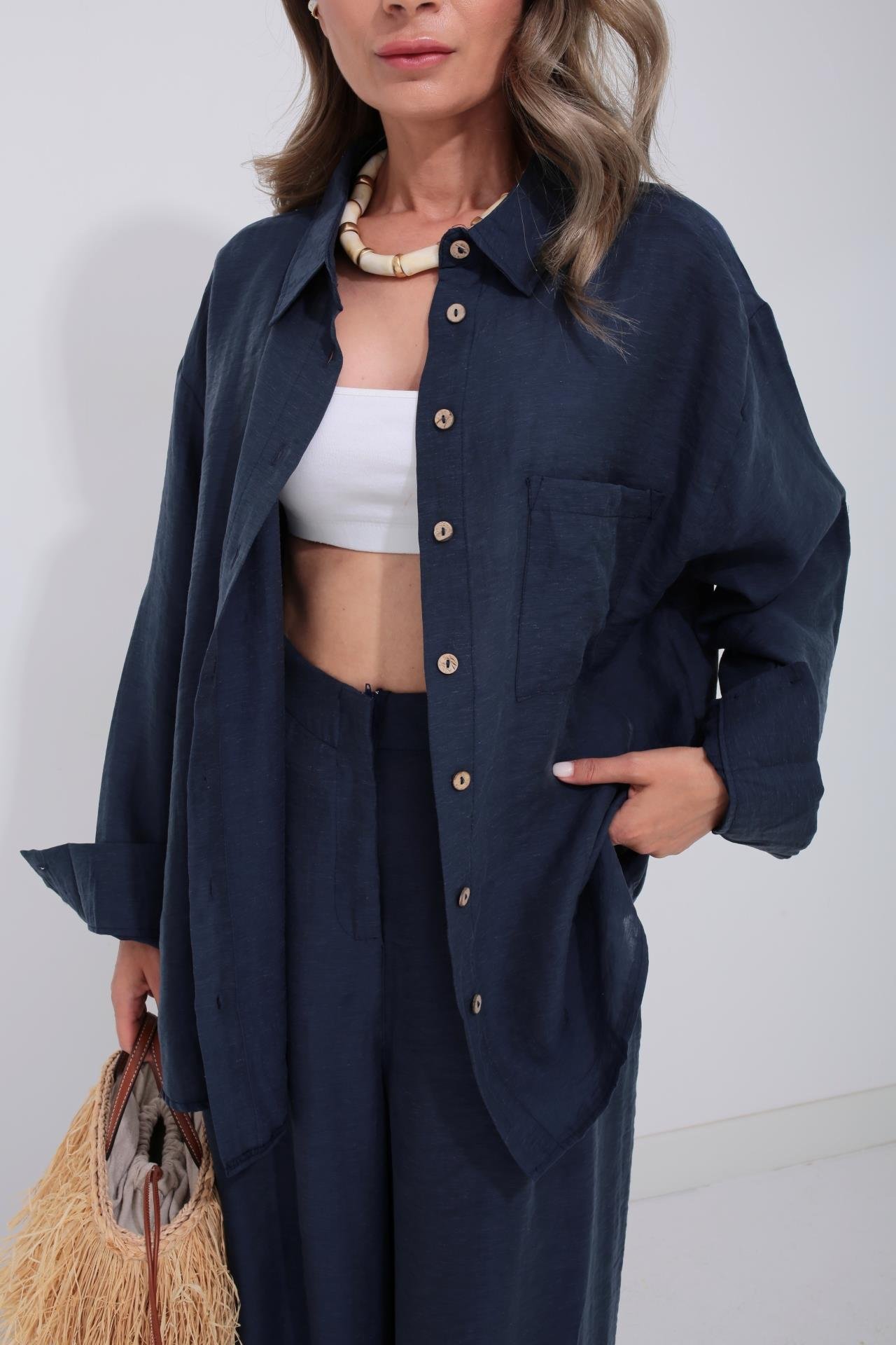 Lacivert Tek Cep Gömlekli Palazzo Takım TAKIM | NO33