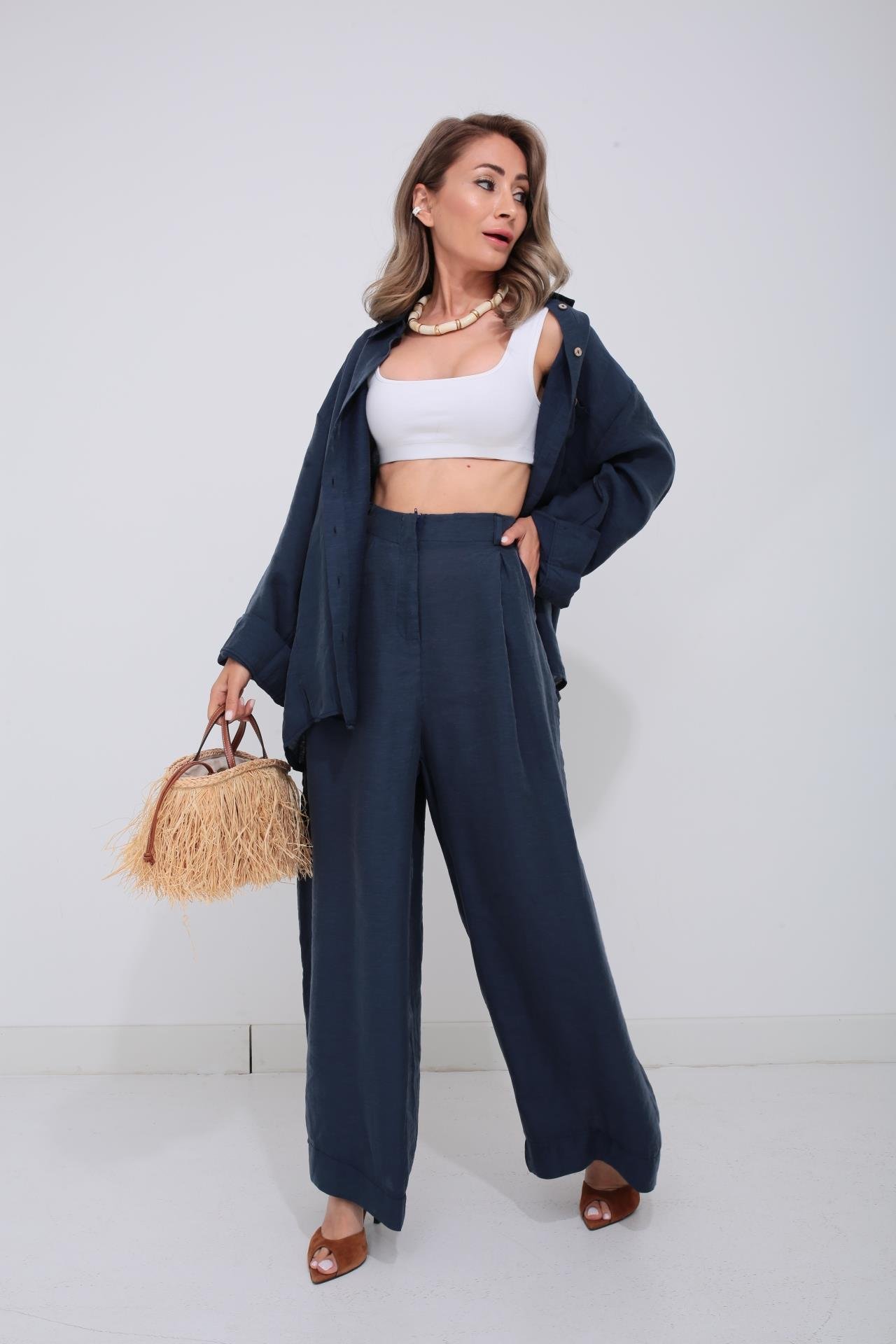 Lacivert Tek Cep Gömlekli Palazzo Takım TAKIM | NO33
