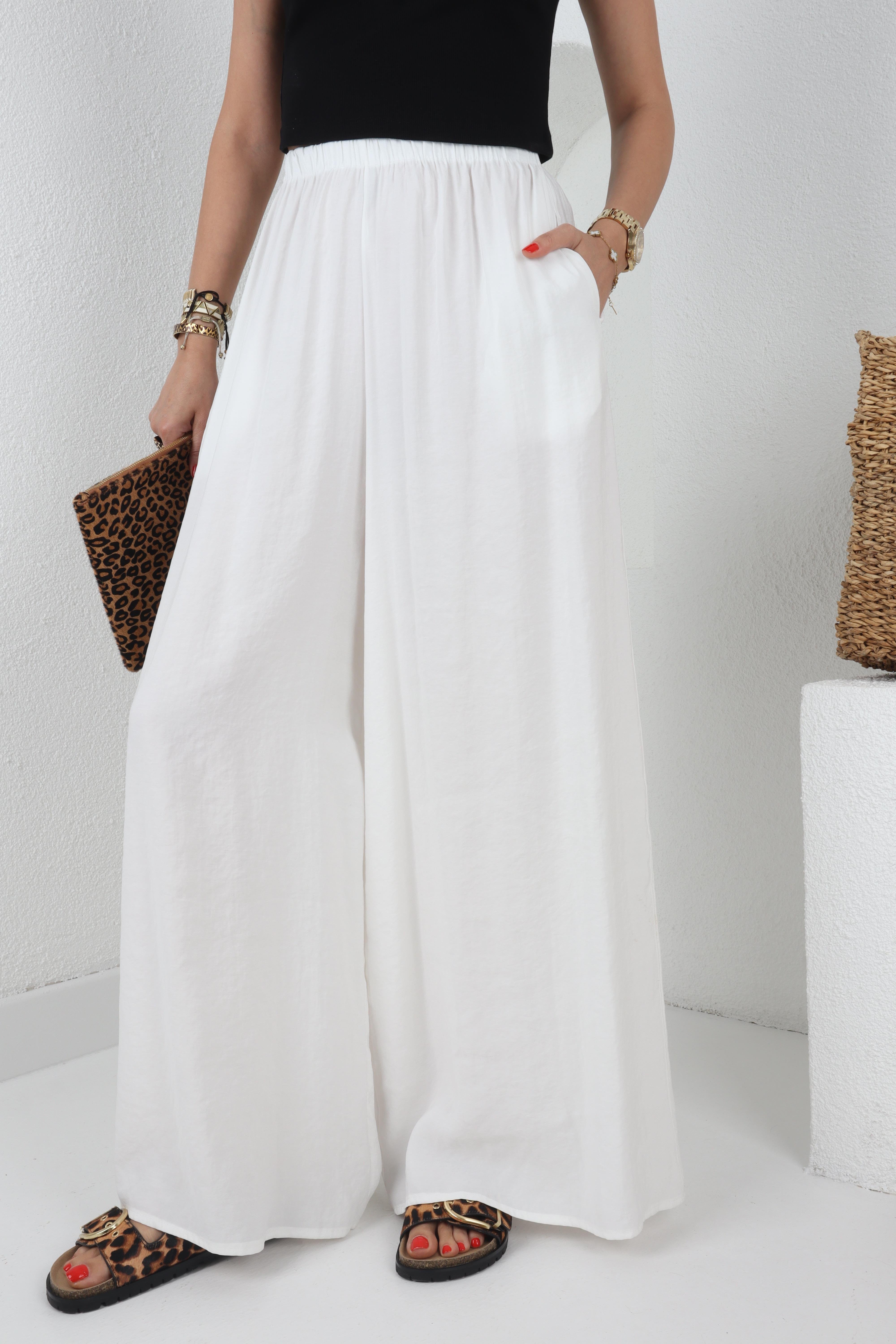 Lastikli Geniş Kesim Beyaz Tensel Pantolon PANTOLON