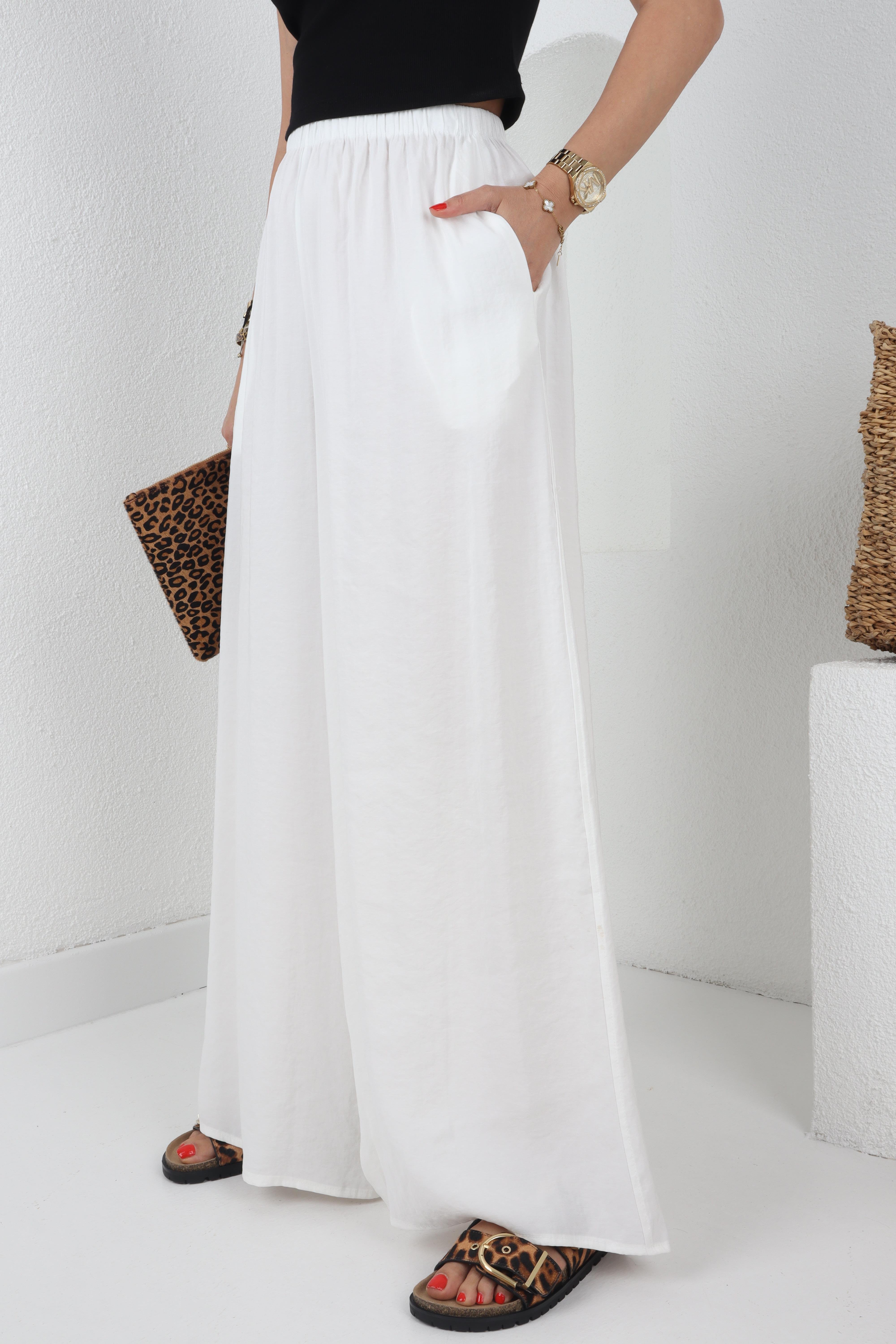 Lastikli Geniş Kesim Beyaz Tensel Pantolon PANTOLON