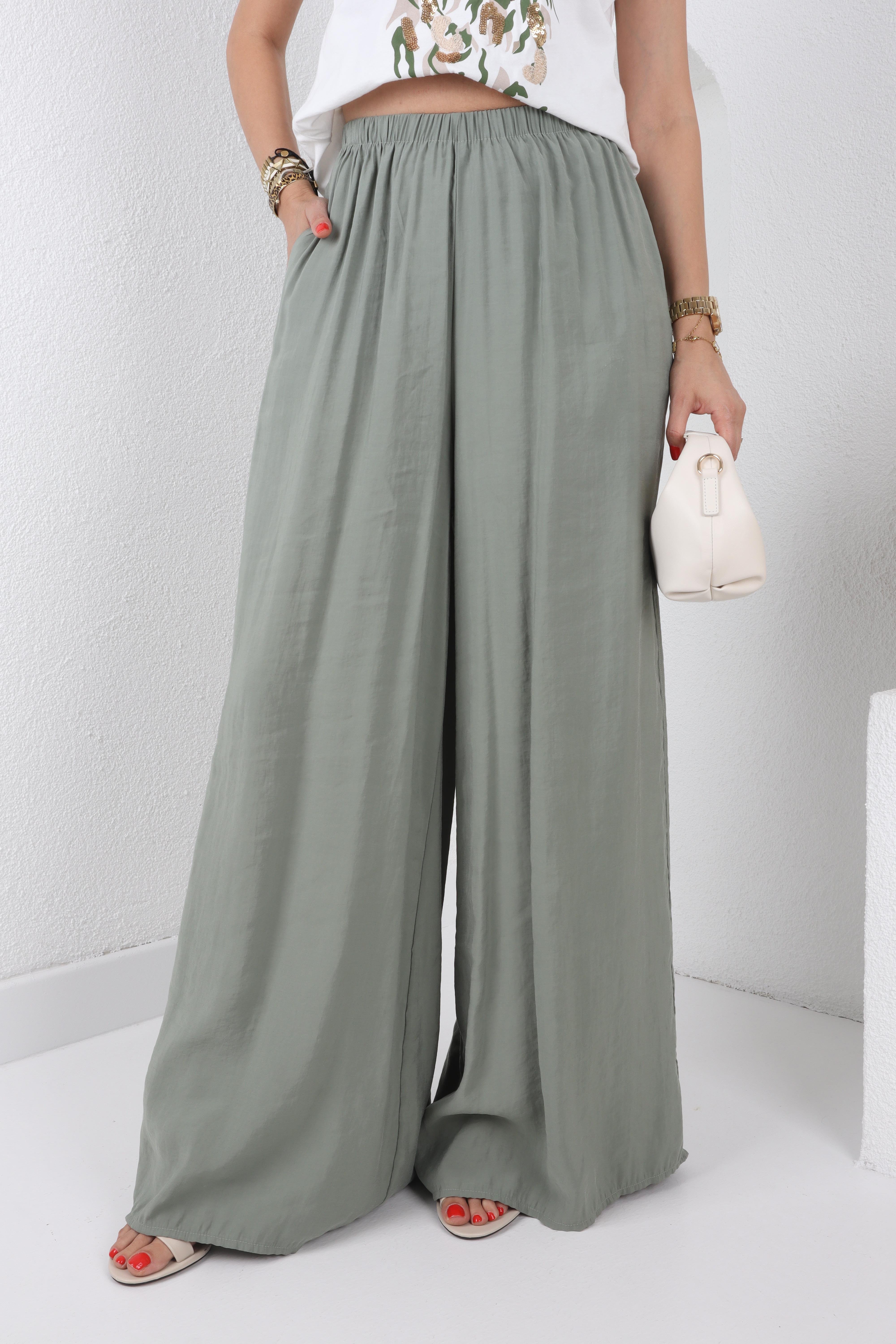 Lastikli Geniş Kesim Mint Tensel Pantolon PANTOLON